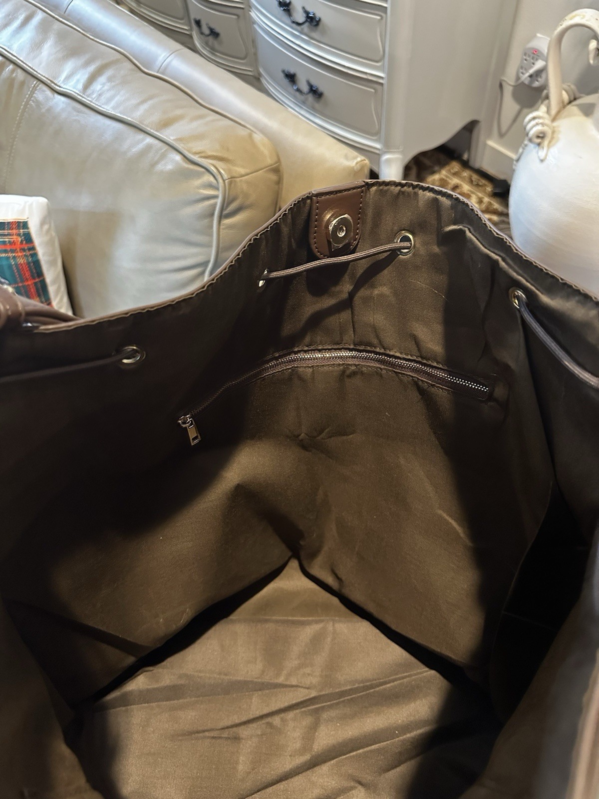 Inside Out Women Brown Bucket Drawstring Bag | Detachable Strap | Gold | Pockets