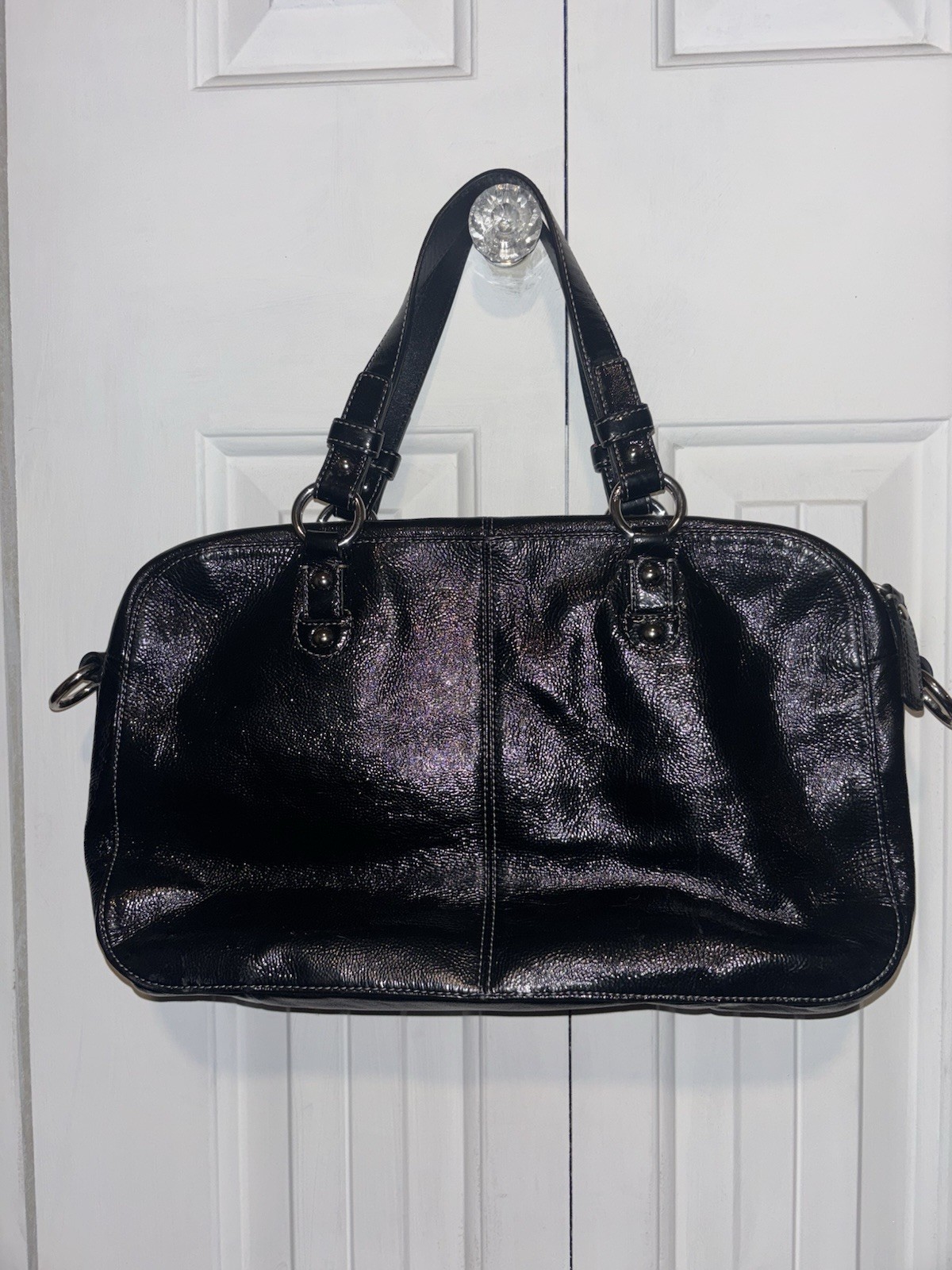 Coach Hampton Patent Black Satchel Top Handle Bag Purple Lining Pockets