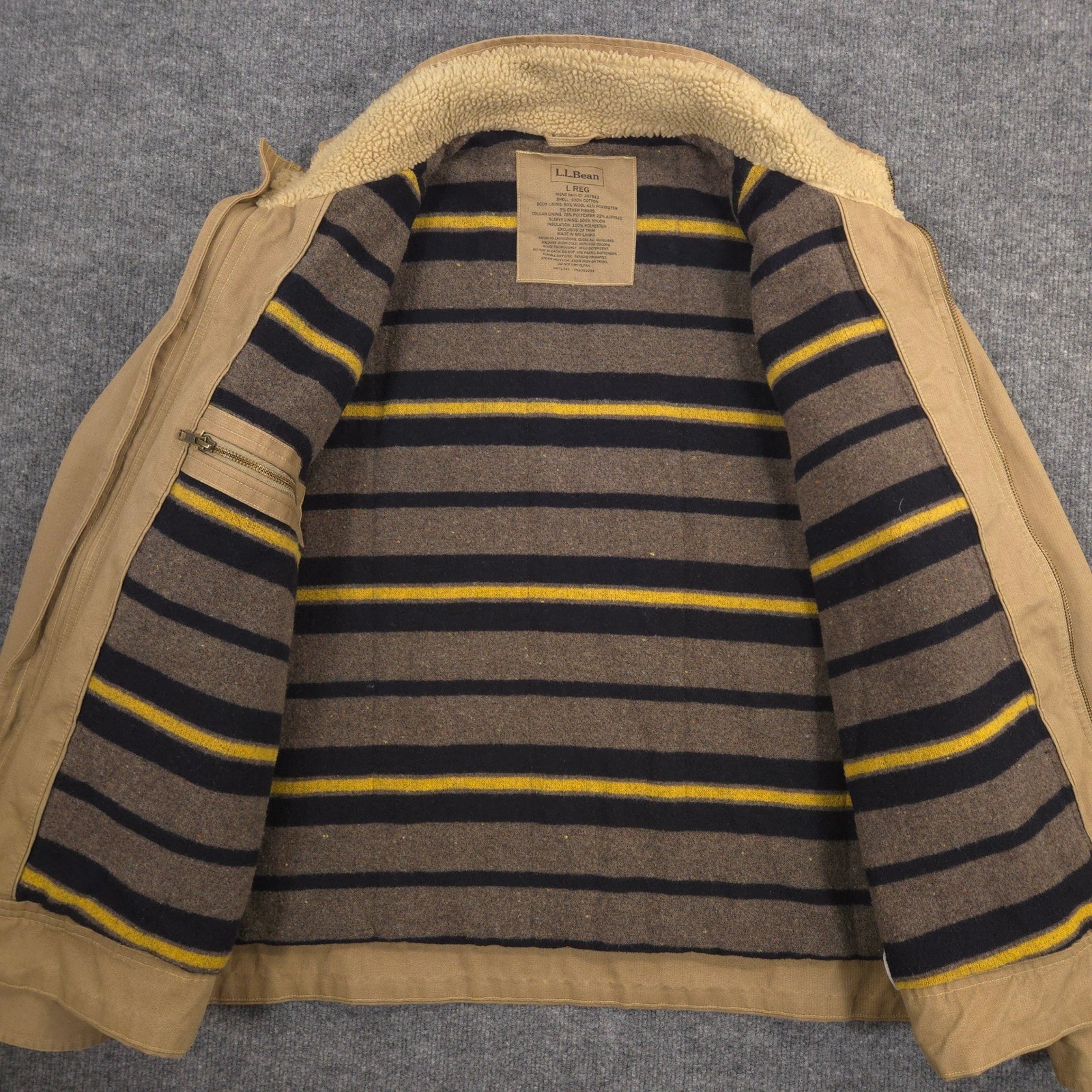 LL Bean Pine Ridge Jacket Mens L Khaki Wool Blend Blanket Lined Field Work Chore
