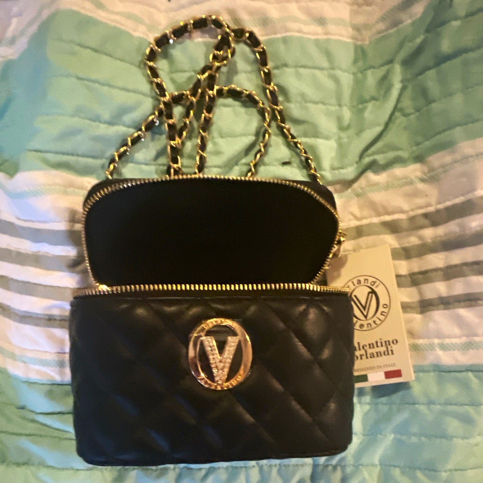 Valentino Orlandi Quilted Black Small Crossbody Bag Gold Chain Zip Det Strap