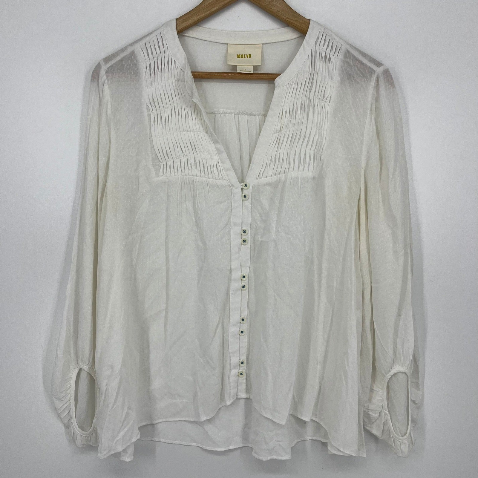 Maeve Anthropologie White Pintuck Pleated Button Rayon Blouse Womens Size 8