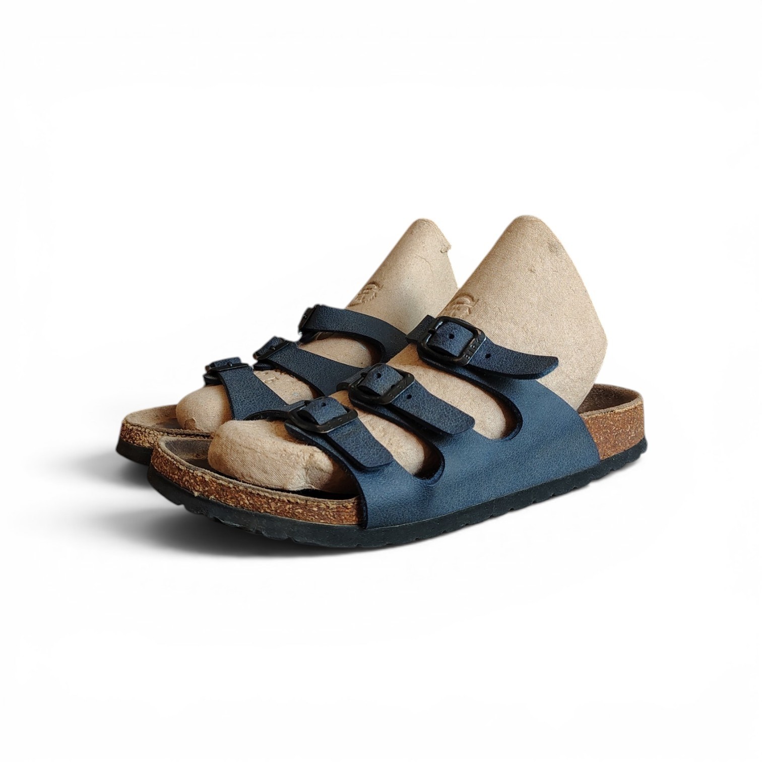 Birkenstock Men’s Blue Leather 3-Buckle Slide Sandals Cork Insole US 6