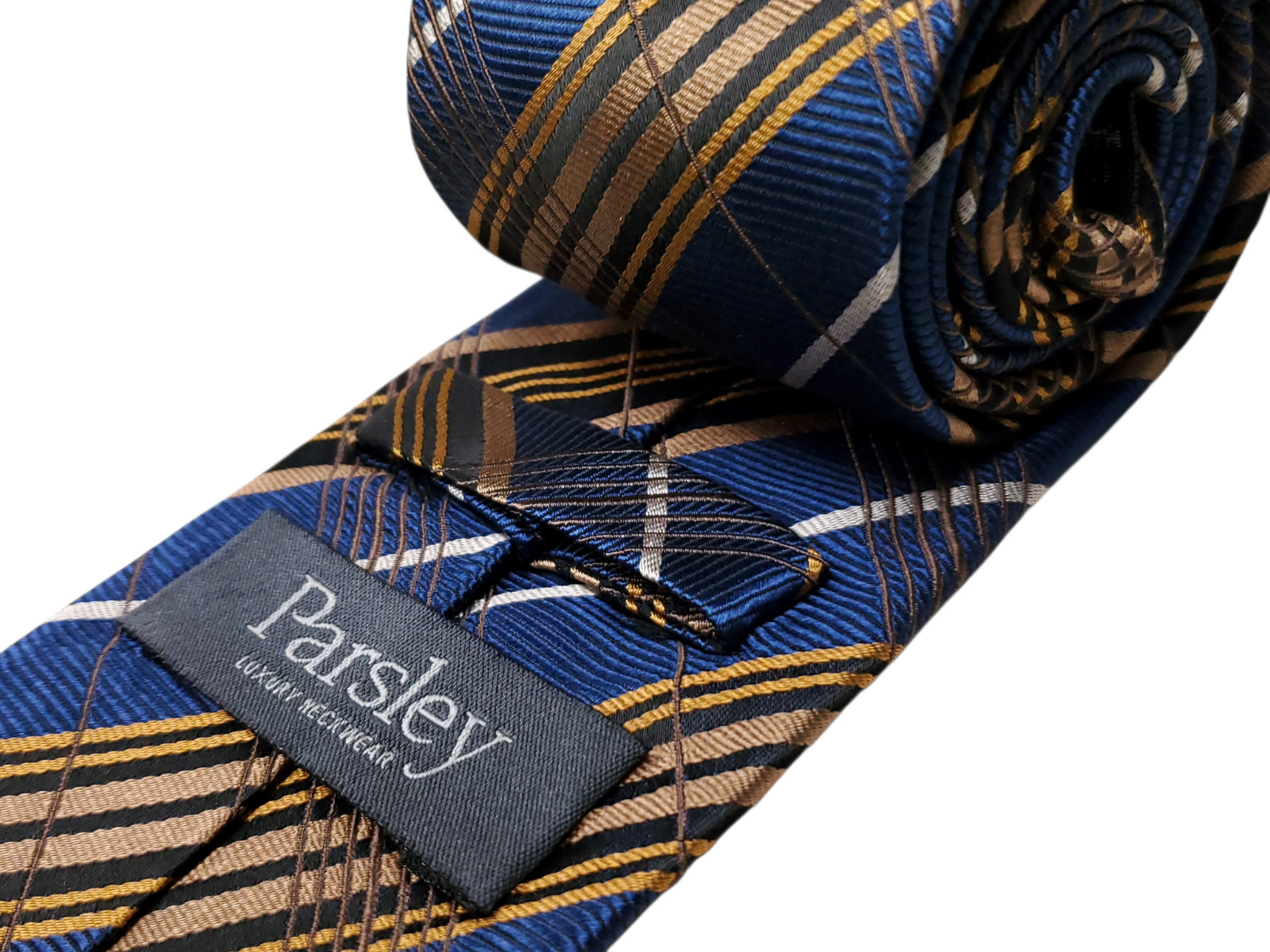 PARSLEY Handmade 100% Silk Tie Blue Brown Black Gold White Plaid Necktie NEW