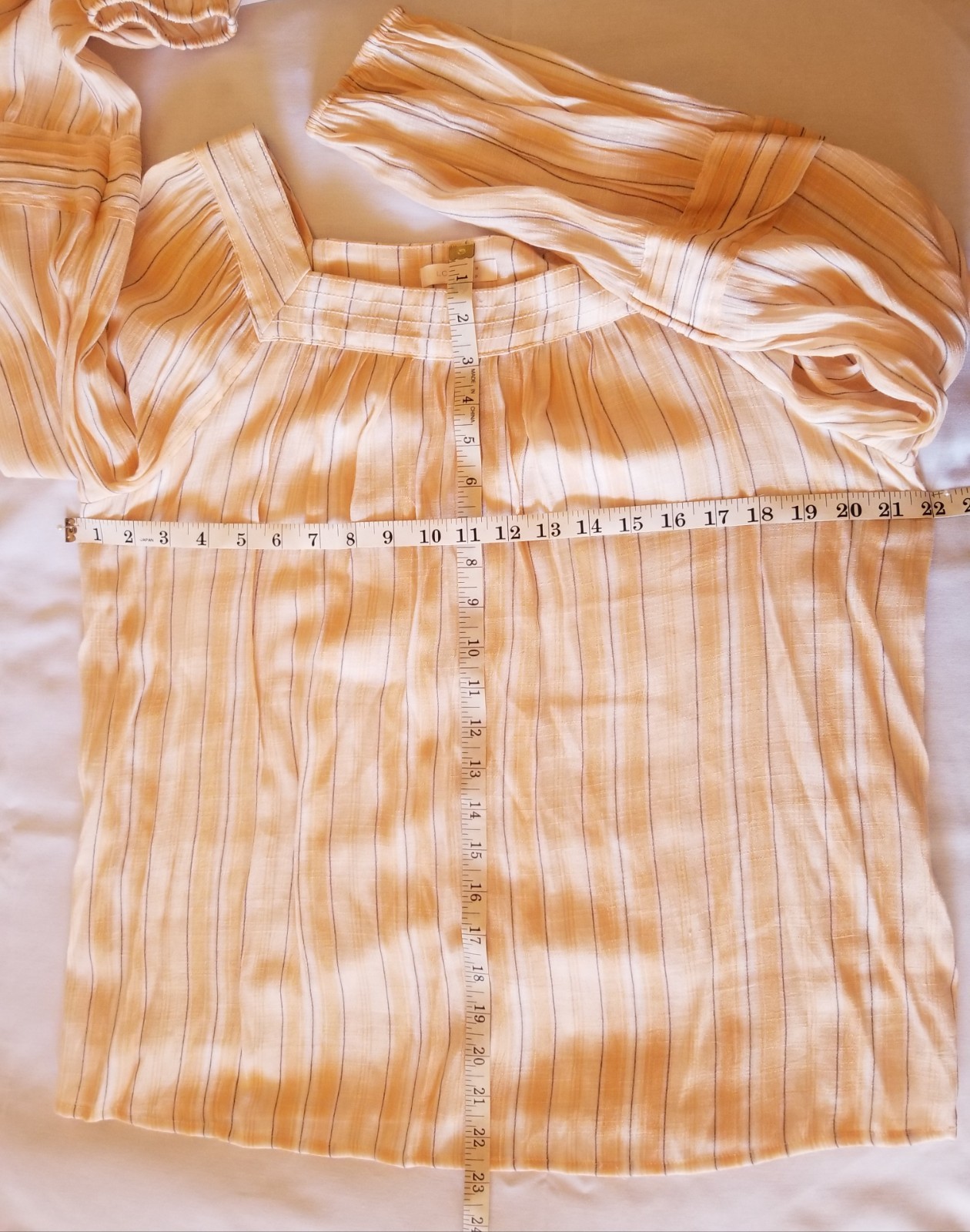 LC Lauren Conrad Peasant Blouse Peach Colored with Gray Pin Stripes Sz L Boho