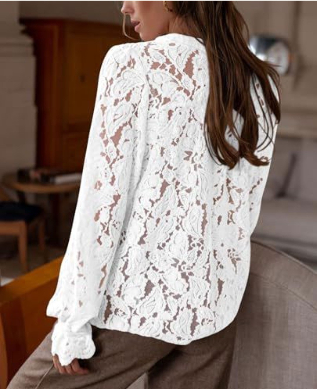 Women’s Dressy Casual Lace Blouse Long Sleeve Button Up Shirts Tops White Sz Med