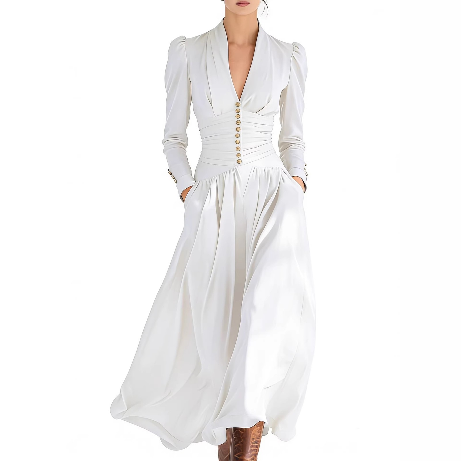 Elegant V-Neck Satin Dress with Puffed Long Sleeves and High Waist Silhouette