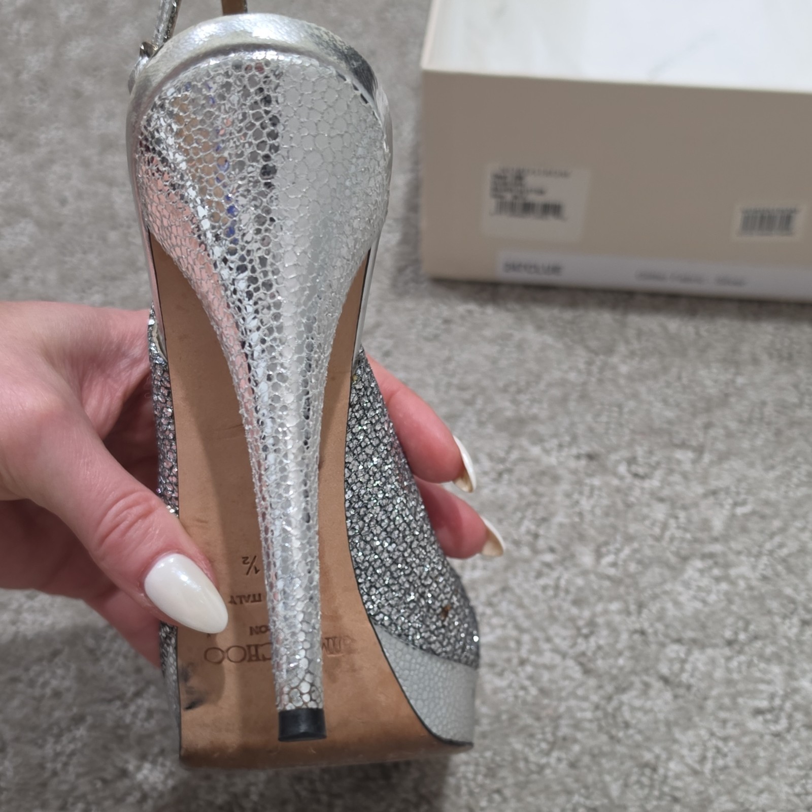 Jimmy Choo Silver Glitter Fabric Platform Peep Toe Ankle Strap Heels 38.5