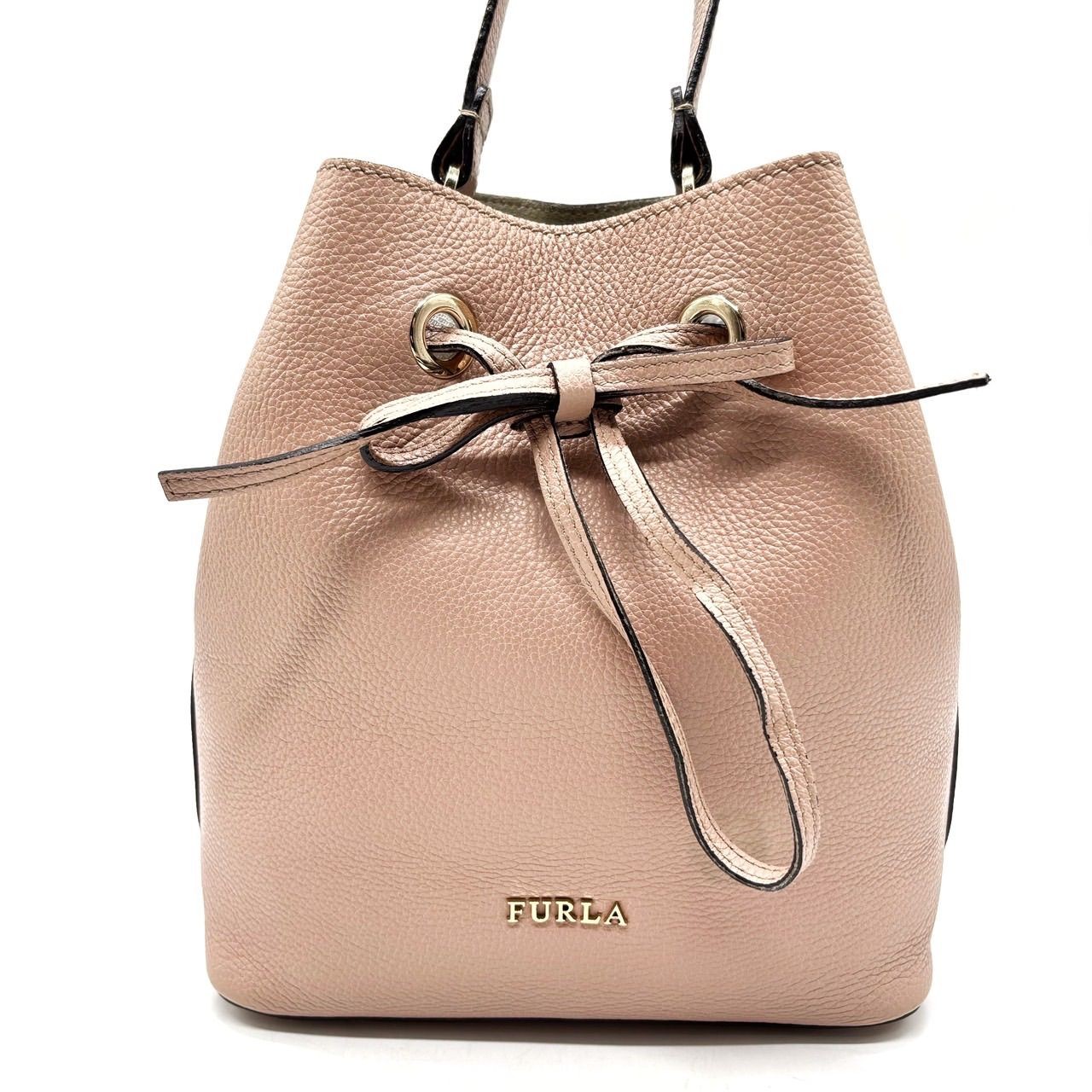 Good Condition FURLA Costanza Drawstring Shoulder Bag Pouch Gold Hardware Leathe