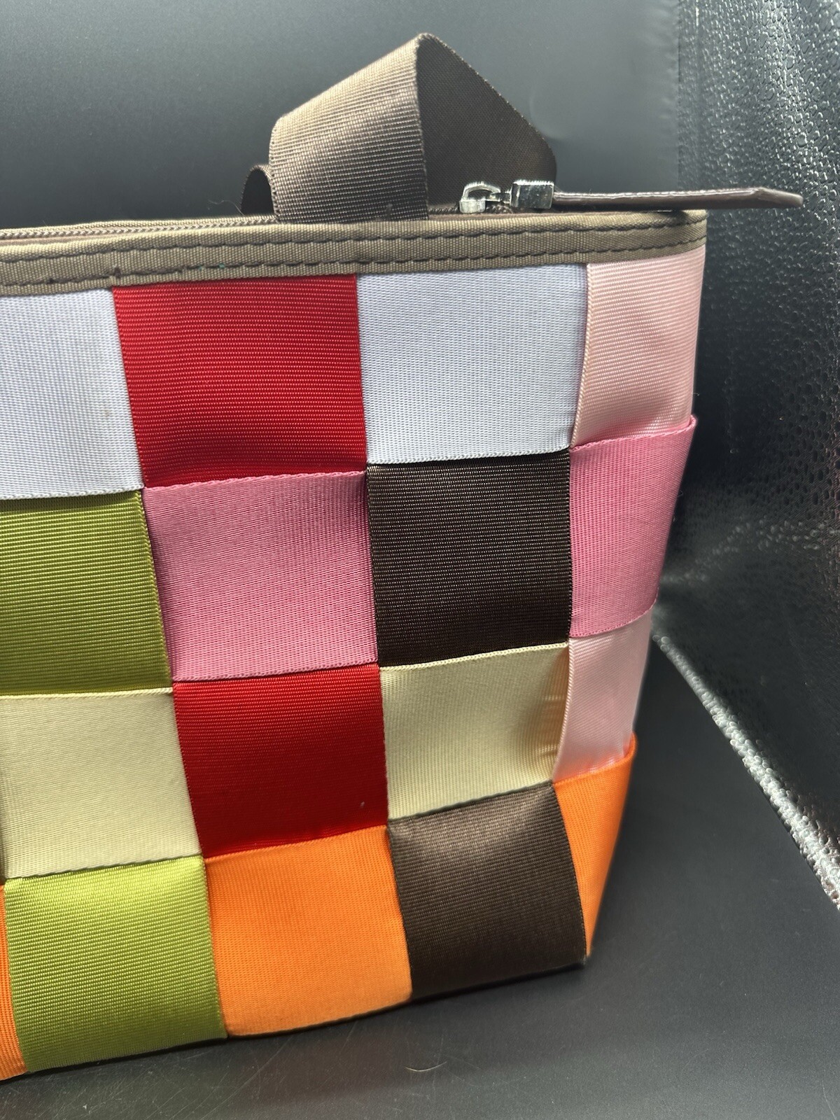 Comely seatbelt bag purse multi color 12.75” Wide shoulder bag Brown Lining