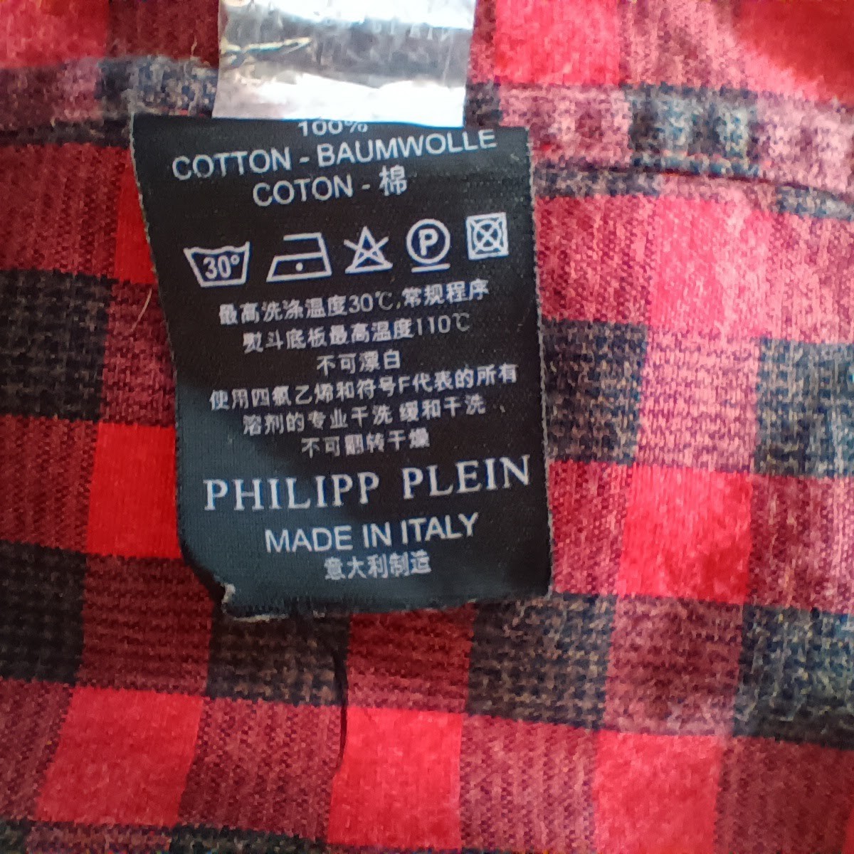 PHILIPP PLEIN Skull Metal Logo Checked Diamond Cut Shirt Red Black Mens Small