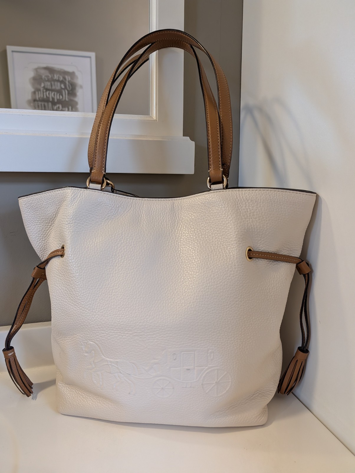 Coach Andy Tote CA165 Horse and Carriage Chalk Pebble Leather Shoulder Tote