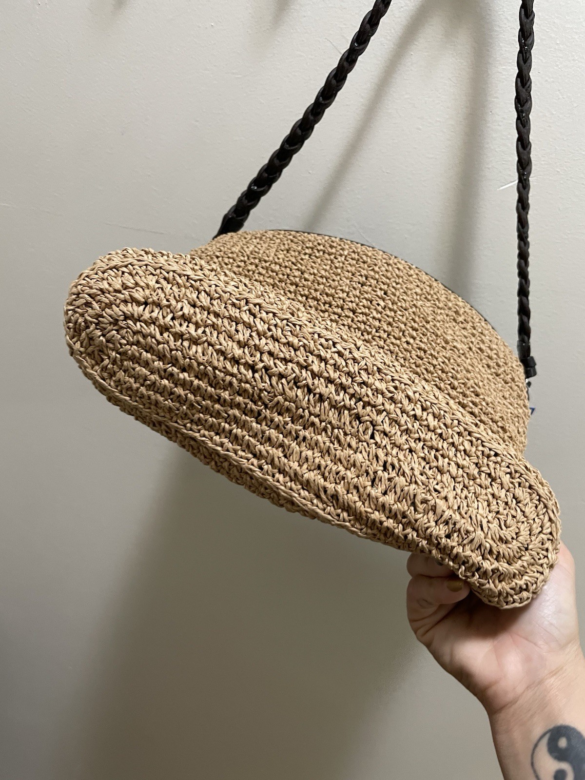 Brighton Tan/Black Woven Straw Look Shoulder Bag Turn Lock Braided Heart Charm