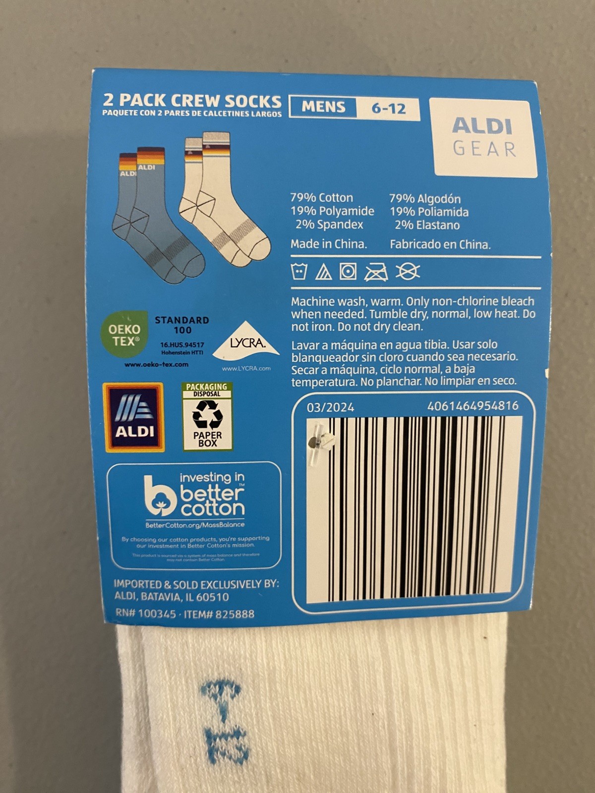 ALDI GEAR Mens Crew Socks 2 pack 2024 Blue & White Size 6-12 men’s NWT