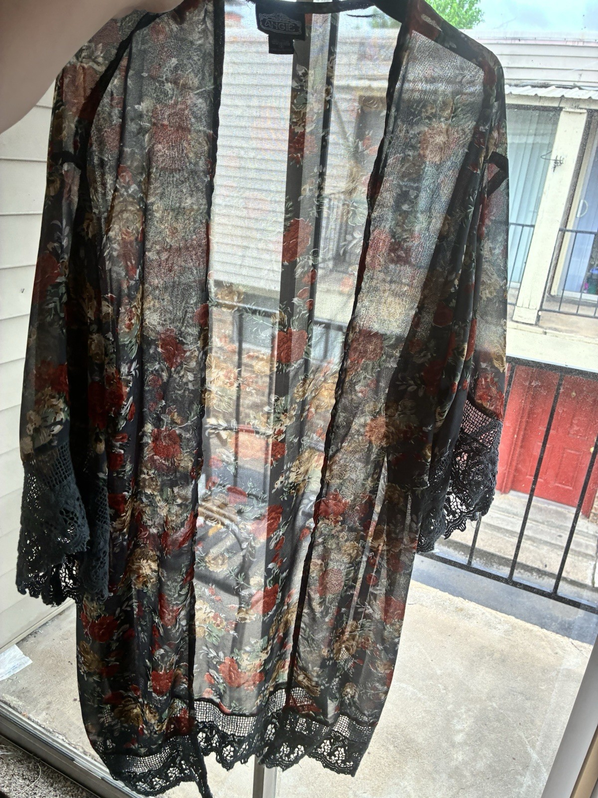 Angie Women’s S Black Floral Chiffon Rayon Kimono Robe w/ Lace Trim