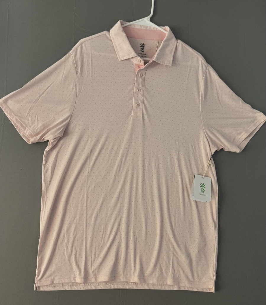 Cariloha Polo Shirt Mens 2XL Pink Polka Dot Bamboo Comfort Classy Golf Active