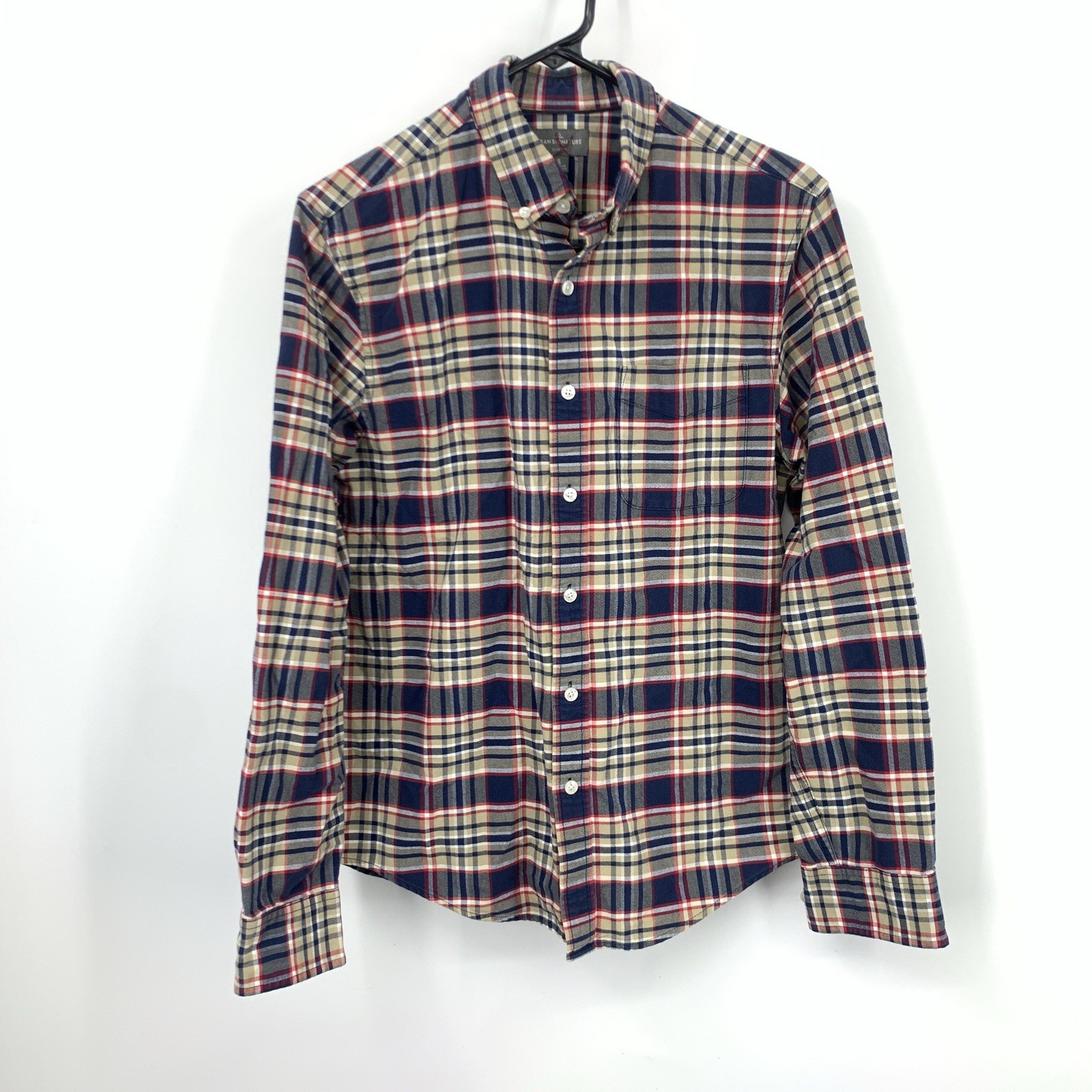 LL Bean Signature Men Size Small Shirt Button Down Top Slim Blue Plaid Cotton