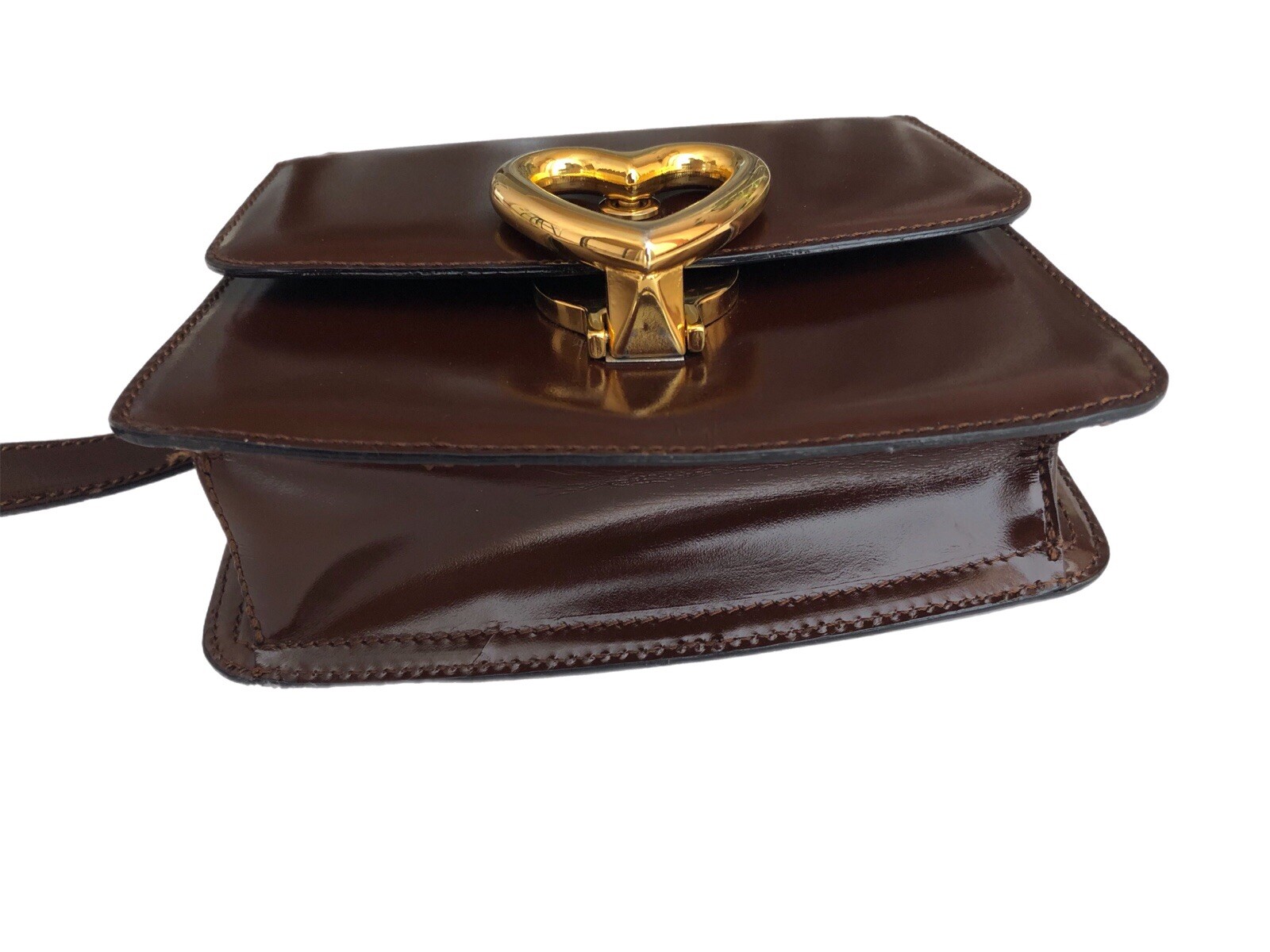 MOSCHINO Redwall Vintage Brown Leather Heart Shoulder Crossbody Belt Small Bag