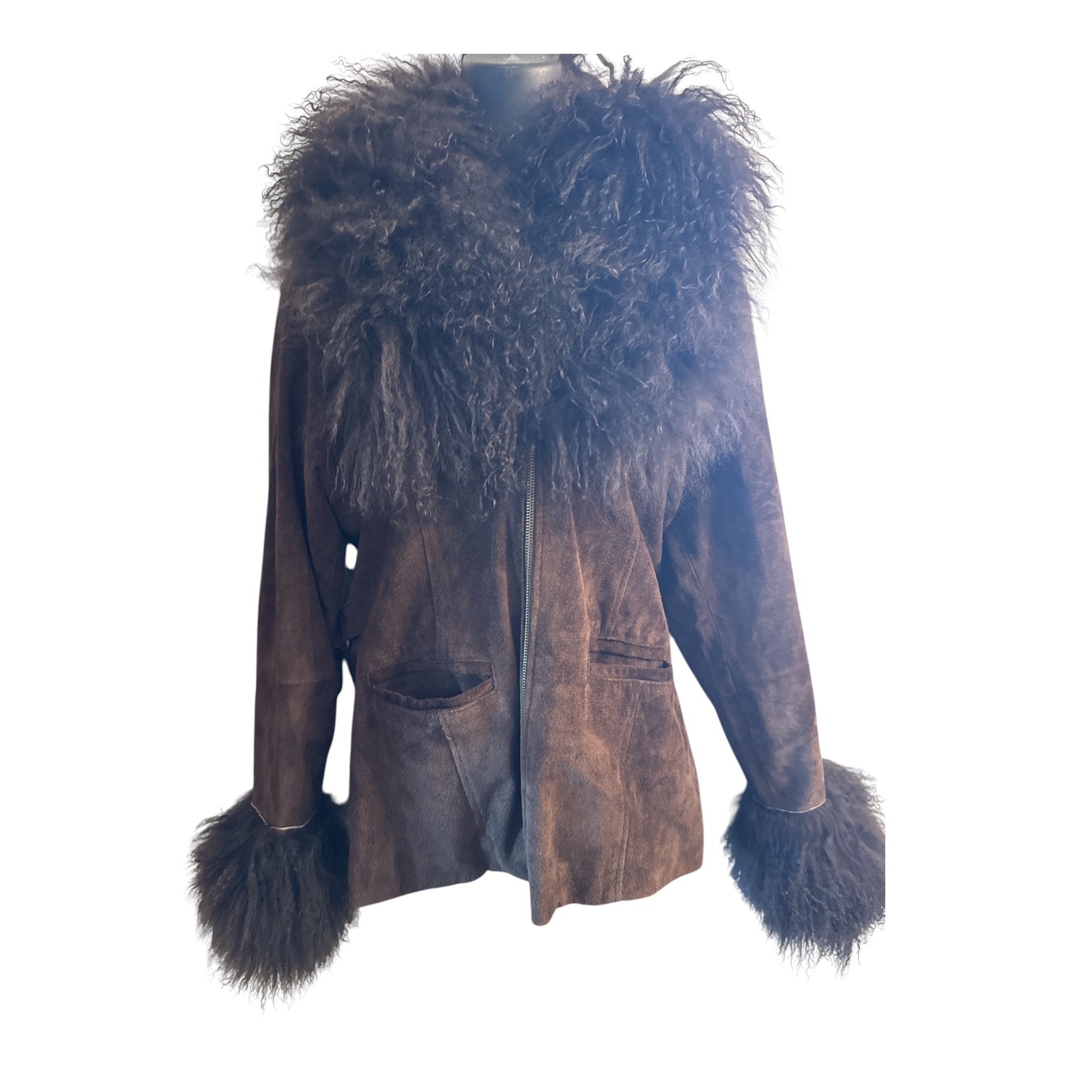 Almost Famous Bohemian Mongolian Suede Fur Collar Vintage Brown Afghan Coat Sz L
