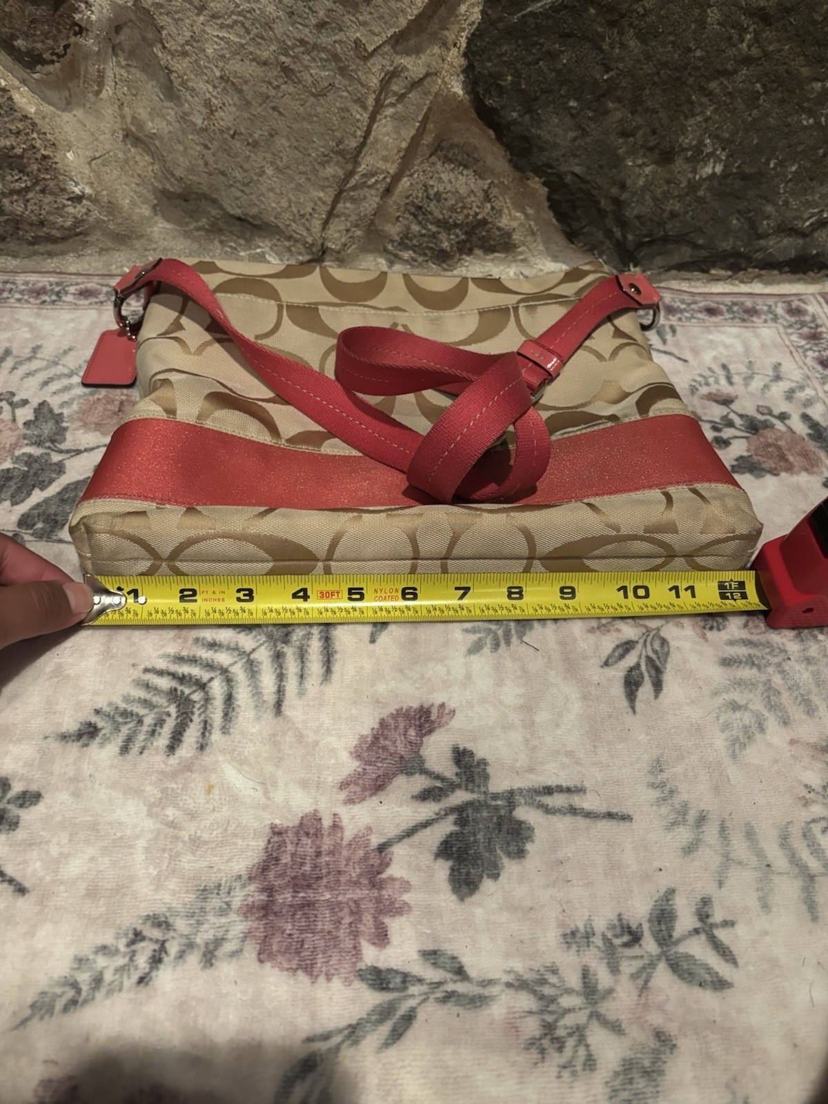 Coach Signature beige & pink logo crossbody bag w/ zip, adjustable strap, charm