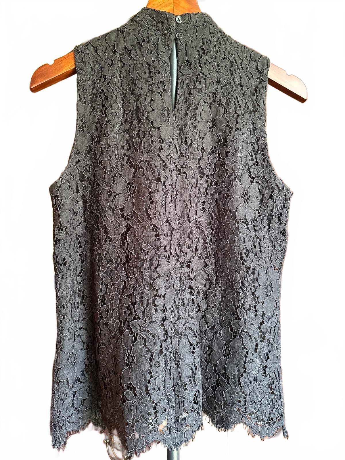 Tahari Black Lace cotton blend mock neck sleeveless top S
