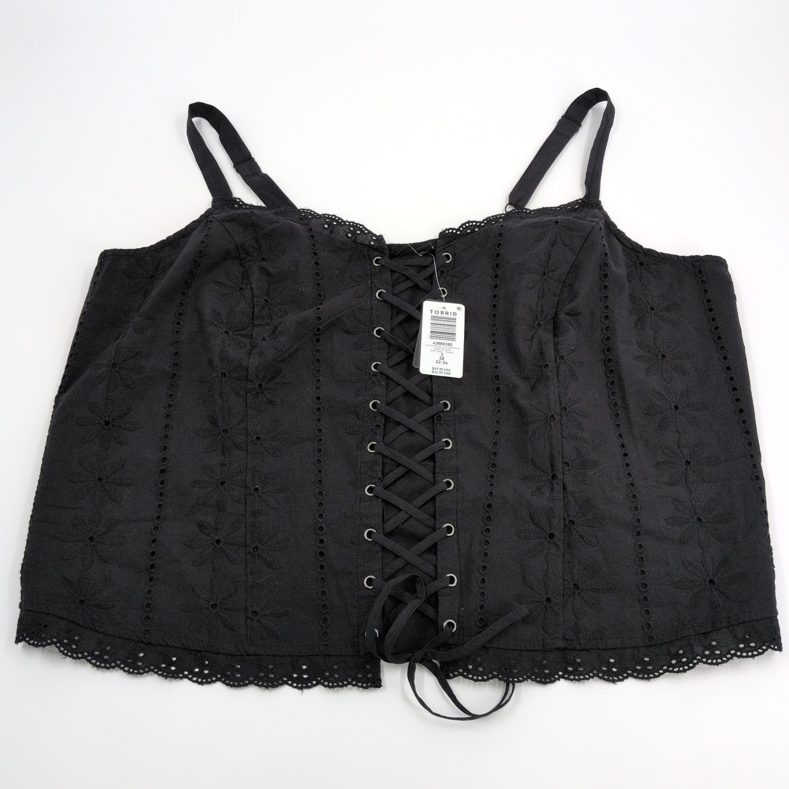NWT Lace-Up Eyelet Bustier Corset Black Sz 3X Cotton Floral Embroidery Fabric