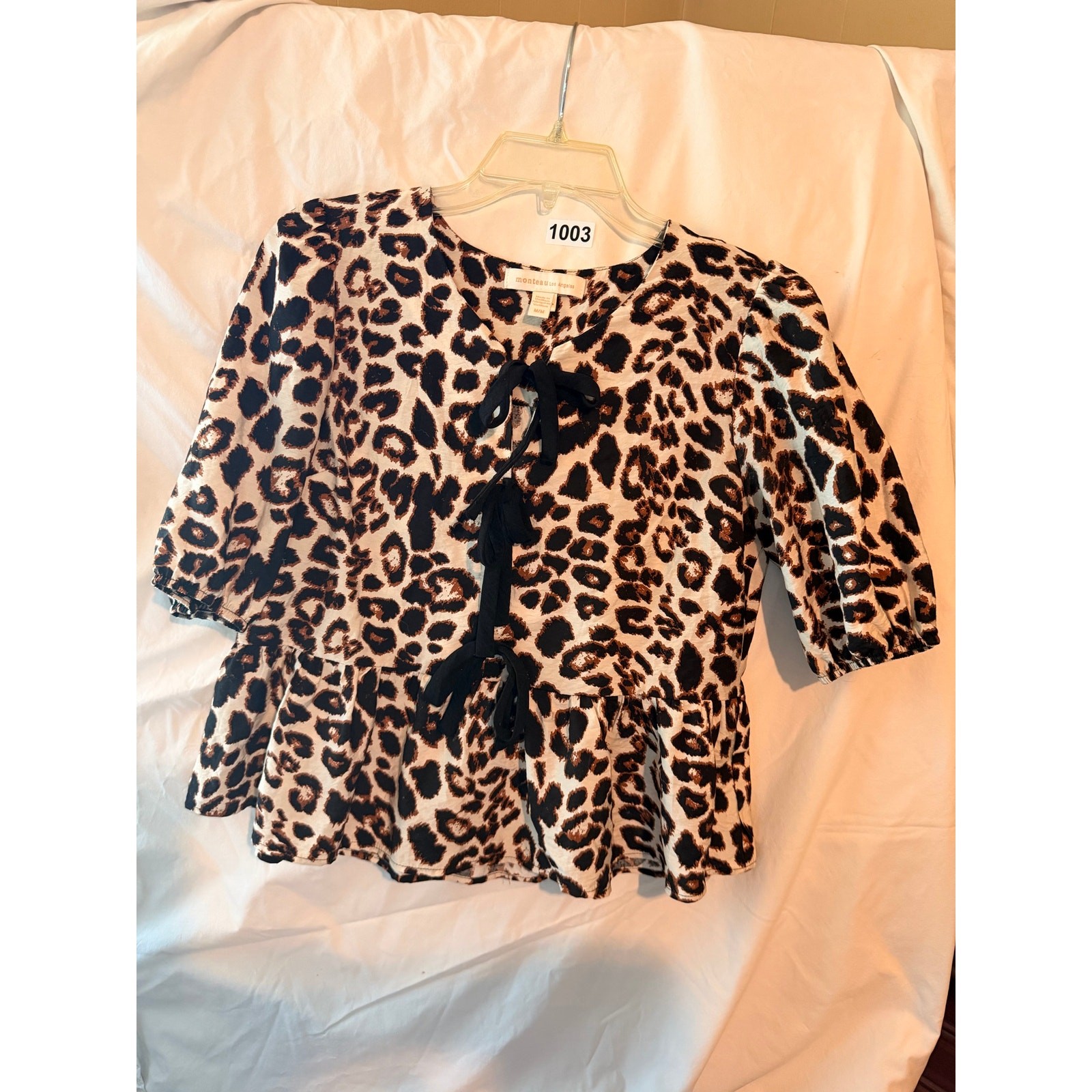 Monteau Los Angeles Leopard Print Peplum Tie-Front Blouse Size M/M