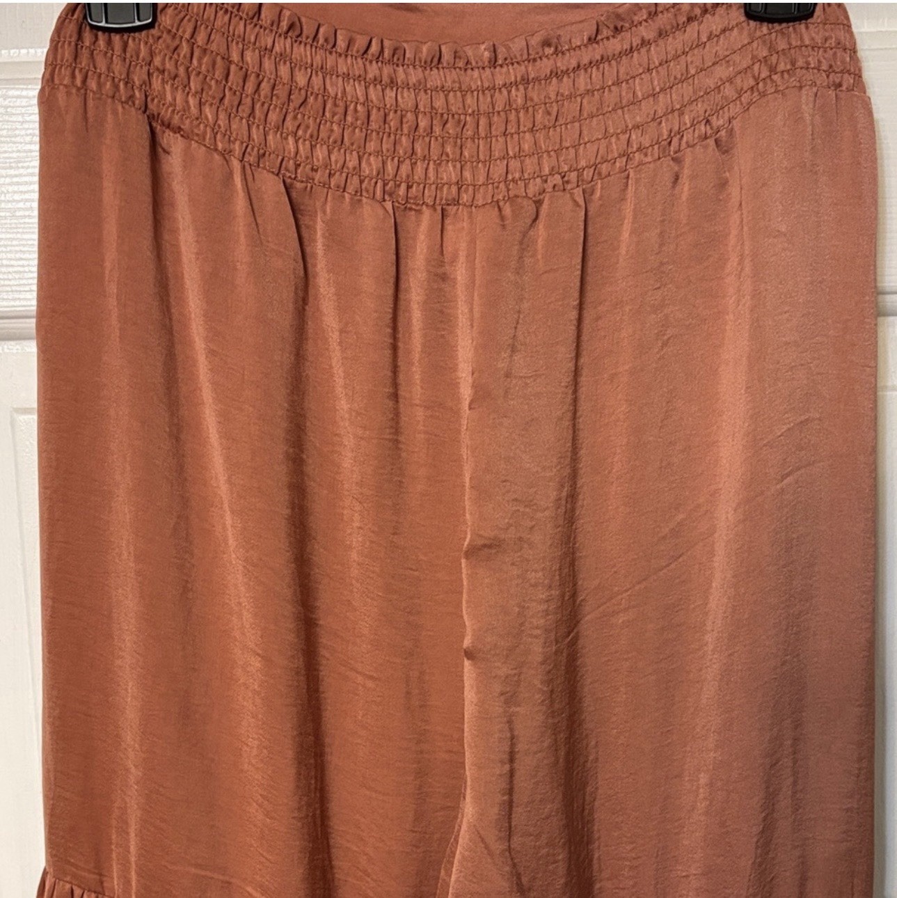 ee:some Women’s Boho Brown Solid Wide-Leg Pants Smocked Tie Ruffle 31″
