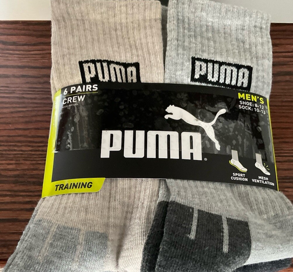 Men PUMA Cushioned Crew Mesh Vent. Socks 6 Pairs Size 8-12 Assorted w Logo New