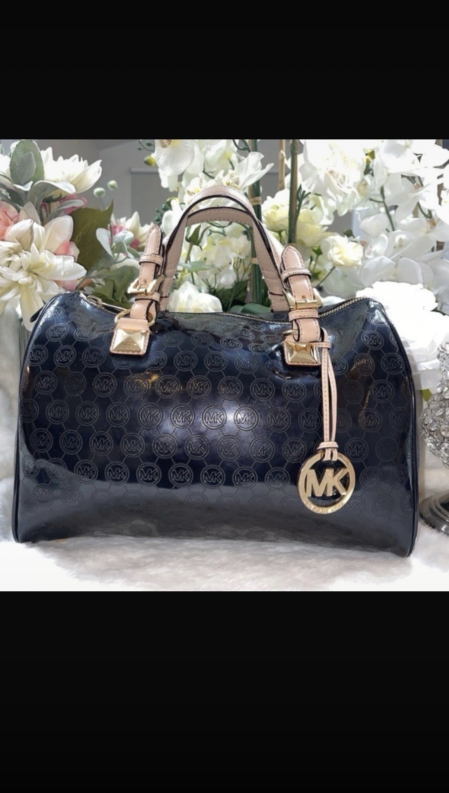 Michael Kors Black Beige Logo Satchel Zip Gold Hardware Charm Bottom Studs