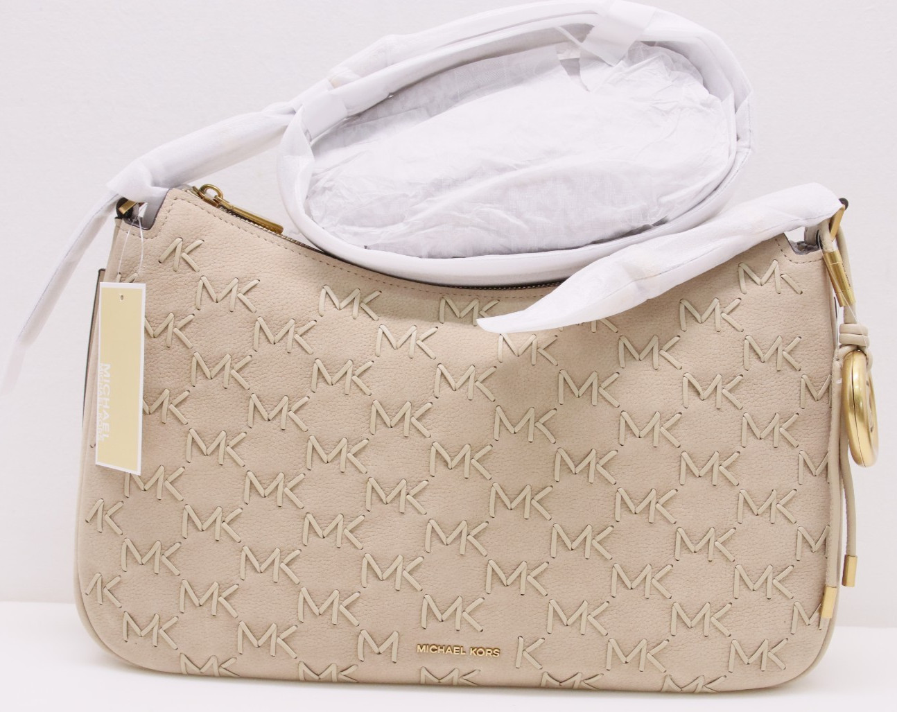 Michael Kors Nolita Medium Whipstitched Logo Leather Shoulder Bag – Khaki – New