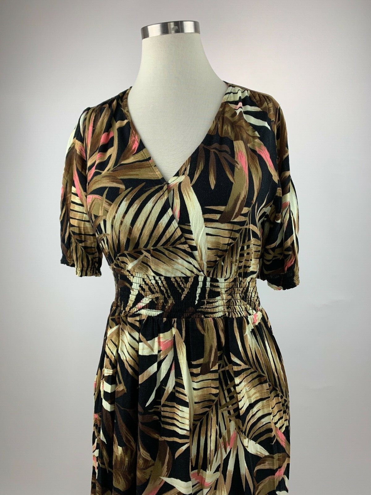 NEW Old Navy Black Brown Waist Defined Botanical Leaf Frond Dress Small S
