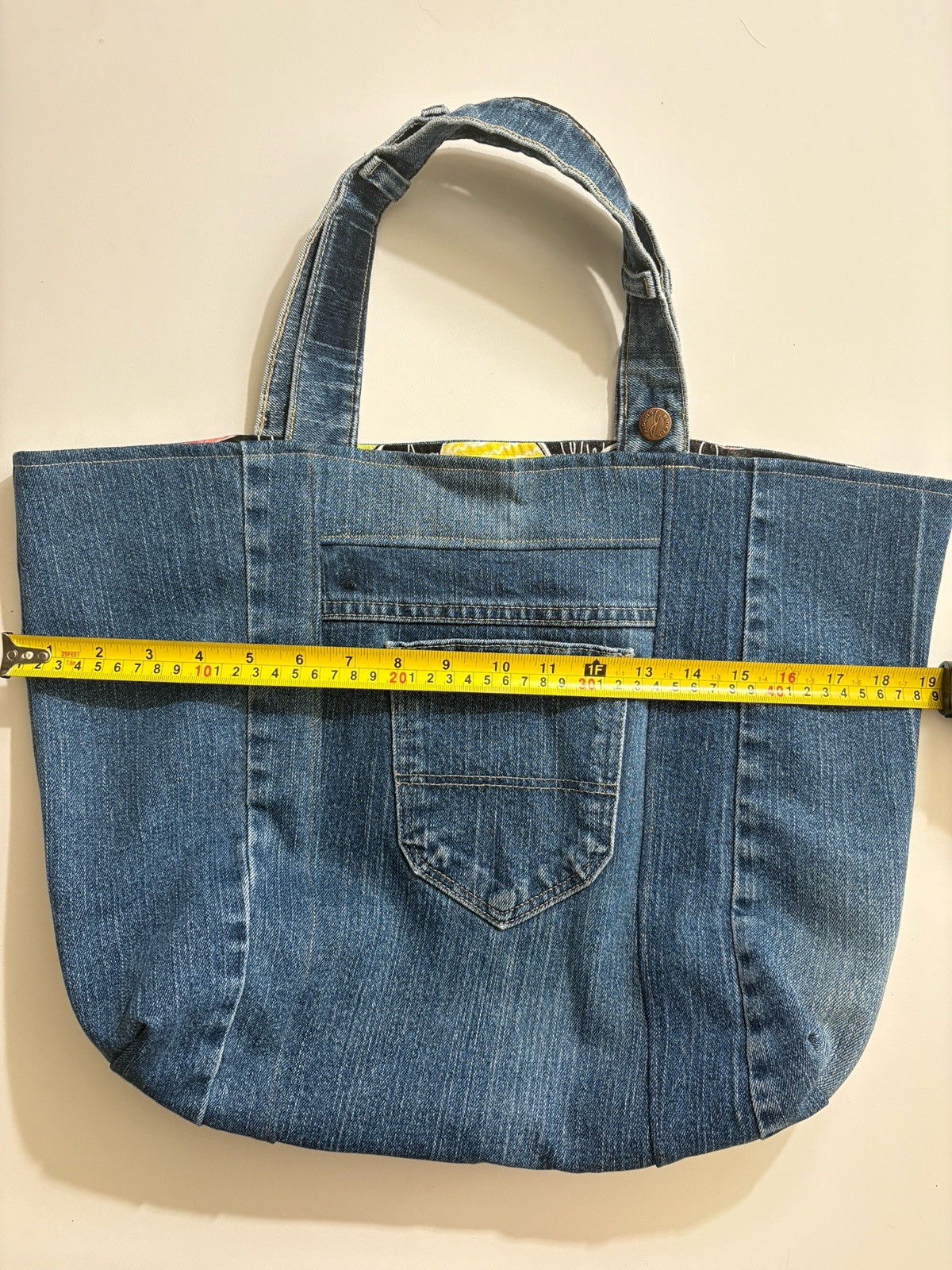 Handmade Upcycled Blue Denim Tote Bag Fully Lined With Teacher Cotton 19×14.5in