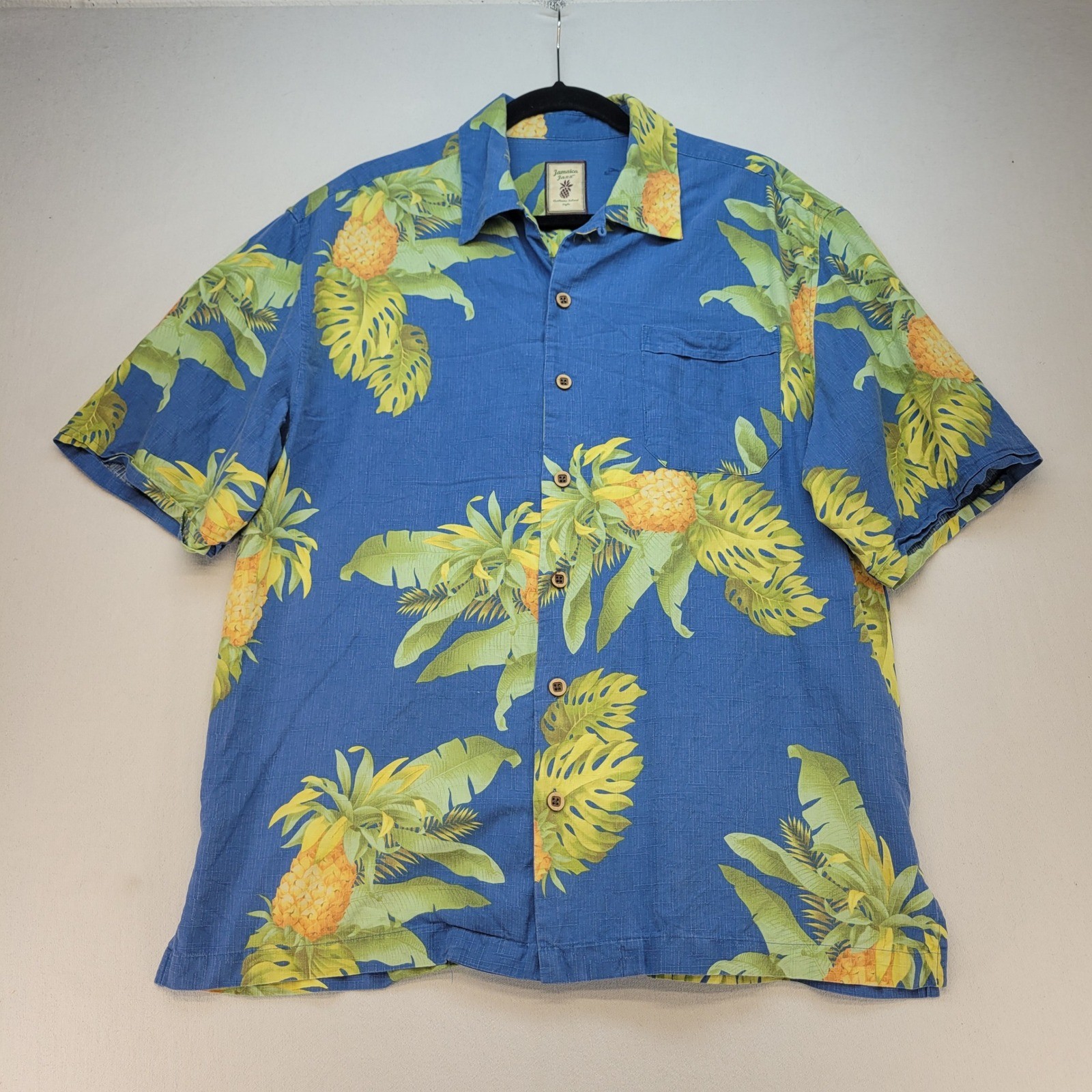 Jamaica Jaxx Button Up Shirt Mens Medium Blue Tropical Pineapple 100% Silk Camp