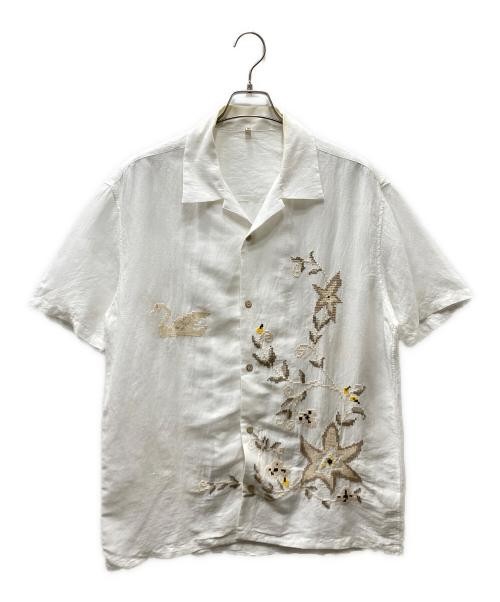 KHOKI Cross-stitch Linen Shirt Men’s White, Size L, Embroidered Cotton Blend