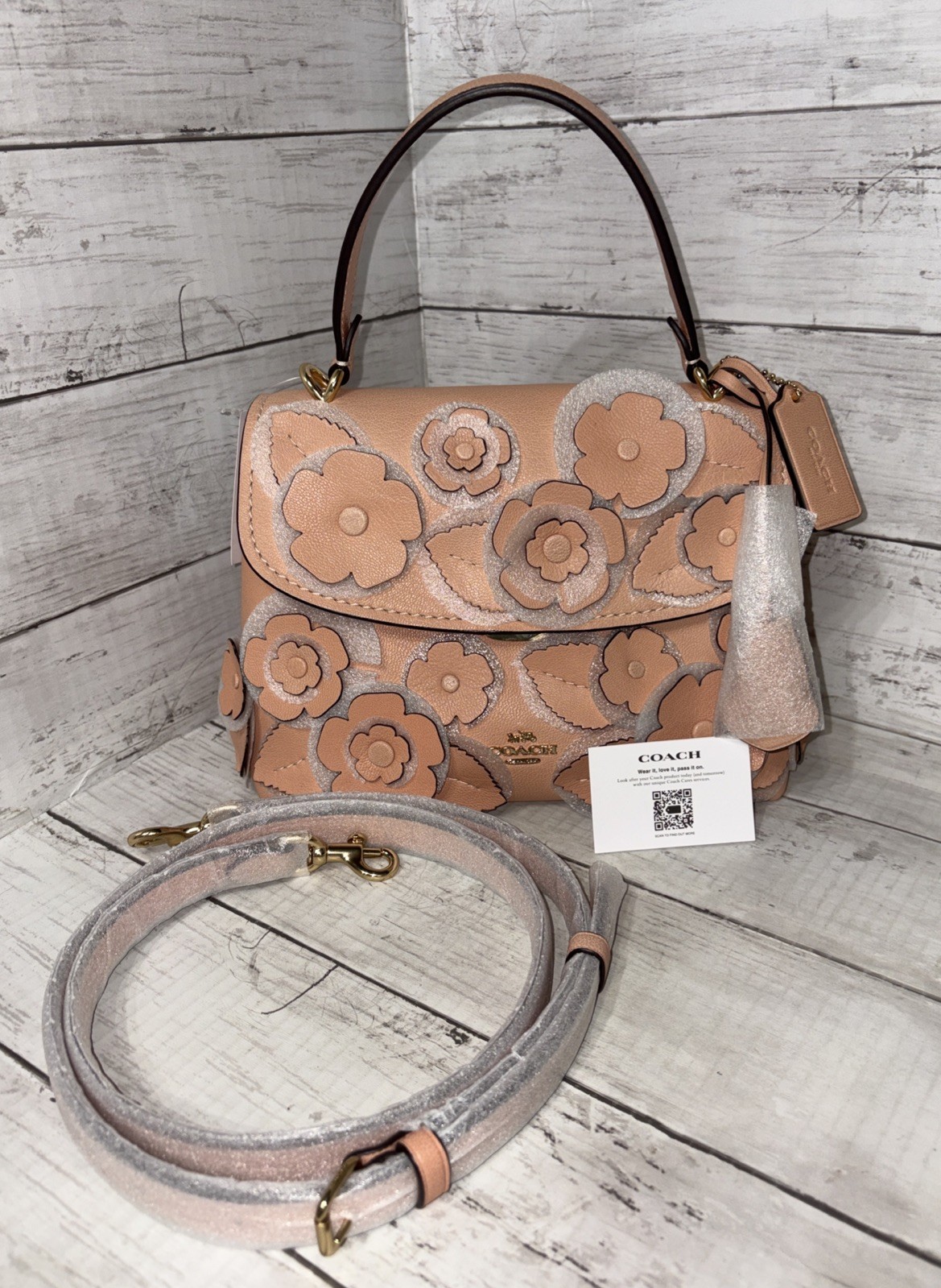 COACH CDY44 Emory 3Way Convertible Top Handle Bag Floral Appliqué Light Pink NWT