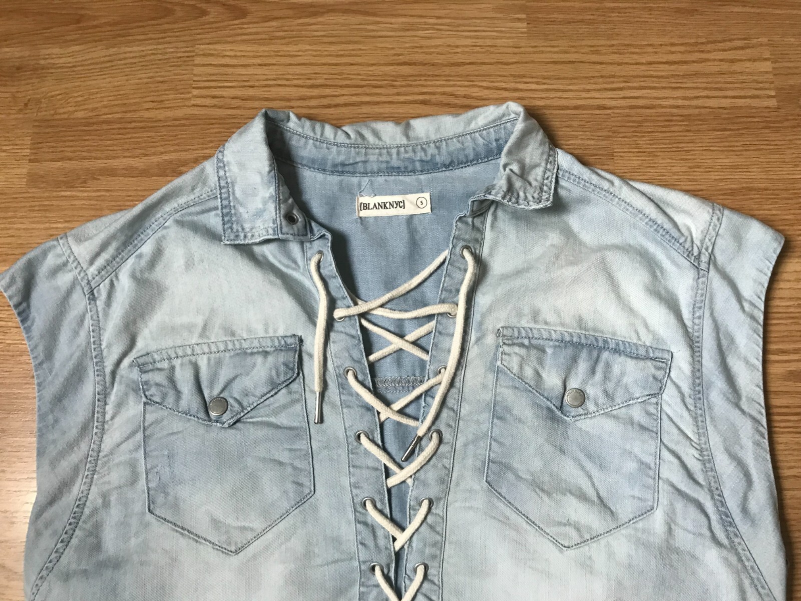 Blanknyc Chambray Shirt Womens S Lace Up Collared Flap Pockets Distressed