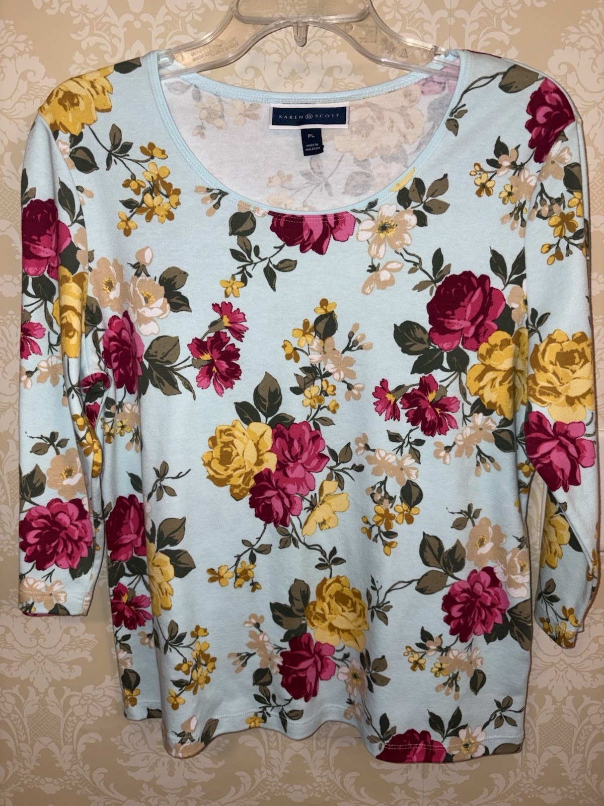 Karen Scott Petites PL Yellow Navy Mint Roses Floral Knit 3/4 Sleeve Tops 2 pcs