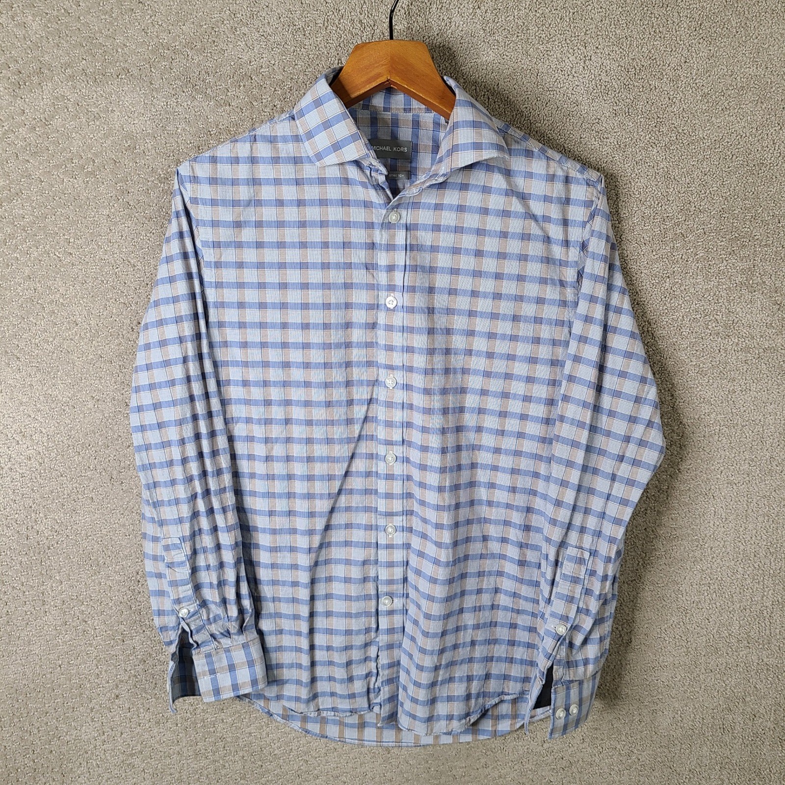 Michael Kors Shirt Mens M 32/33 Blue Beige Plaid Slim Fit Stretch Long Sleeve