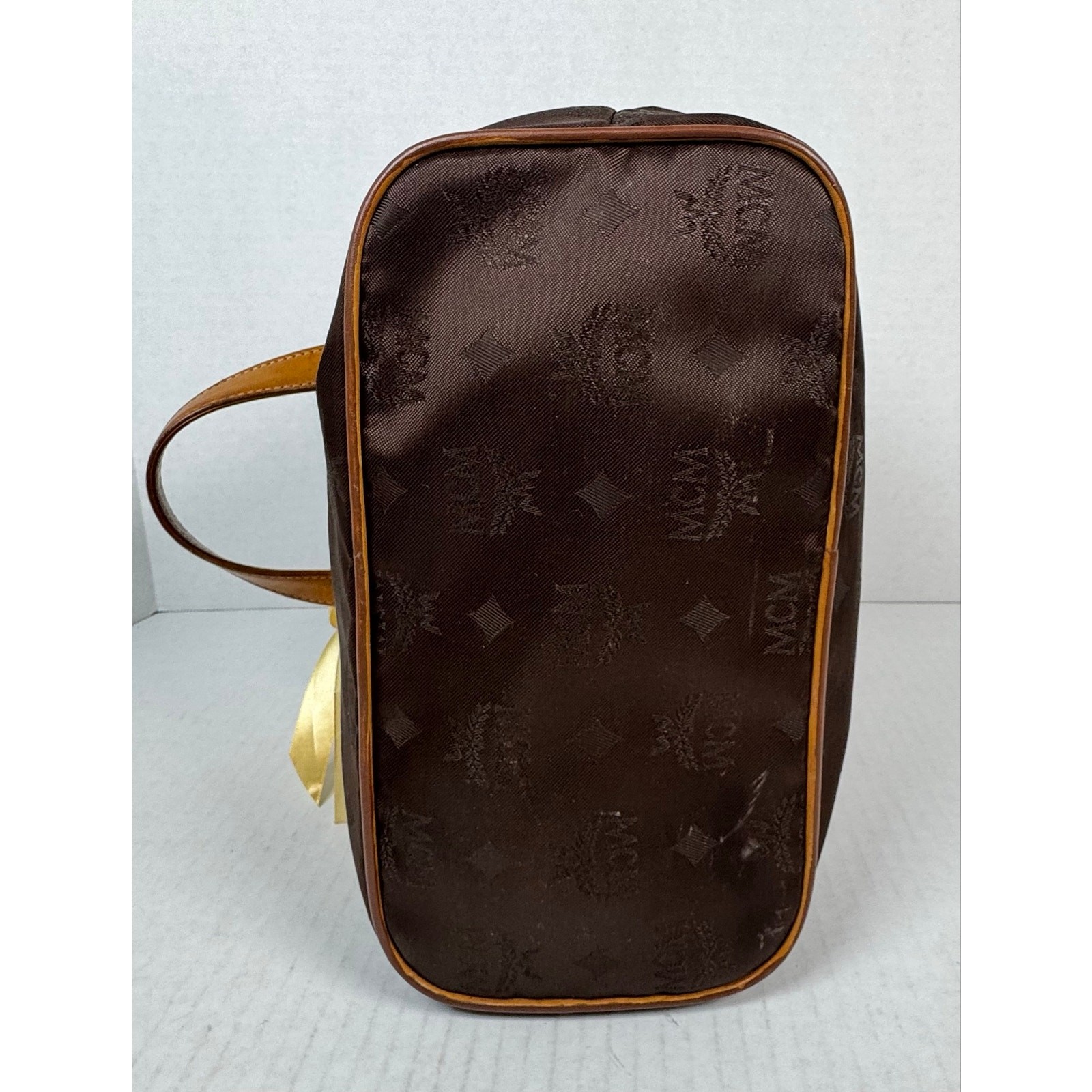 MCM Brown Monogram Nylon Handbag Cognac Leather Trim COA