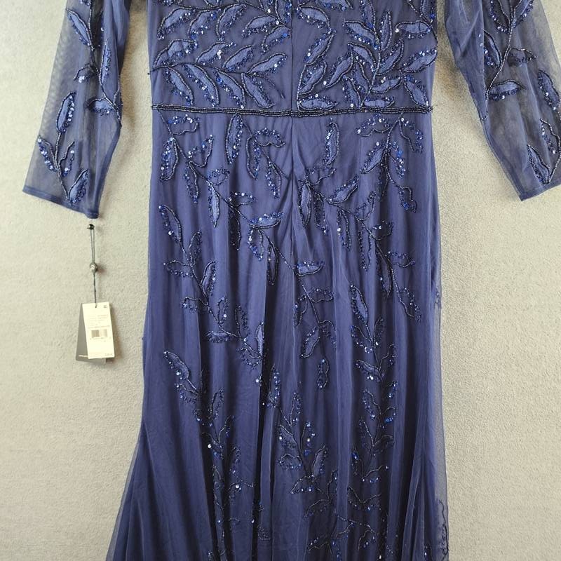 Adrianna Papell Long Sleeve Fully Beaded Mob Column Gown Women’s 10 Blue