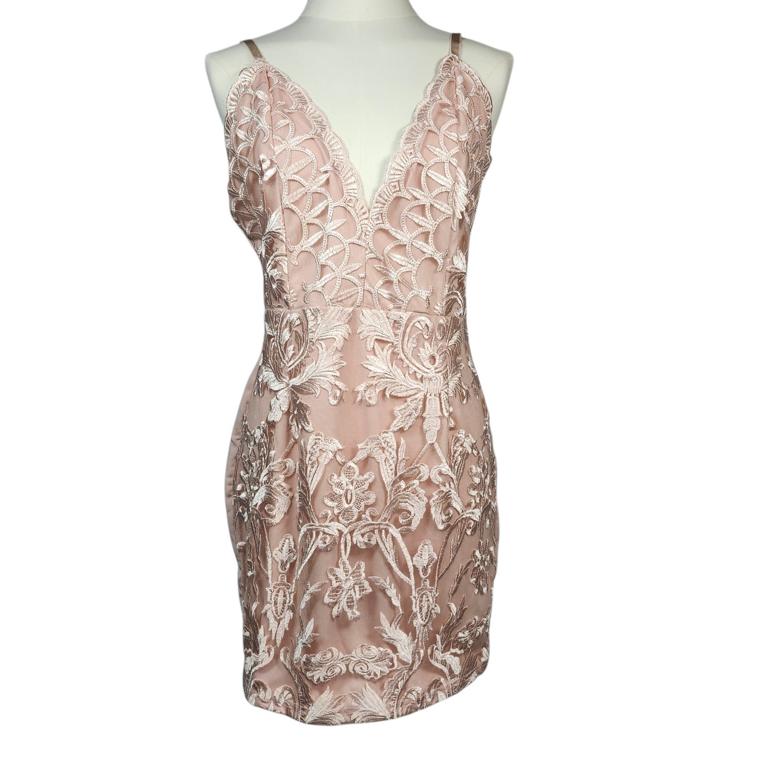 PrettyLittleThing Lace Mini Dress Womens 4 Rose Gold Embroidered Bodycon V-Neck