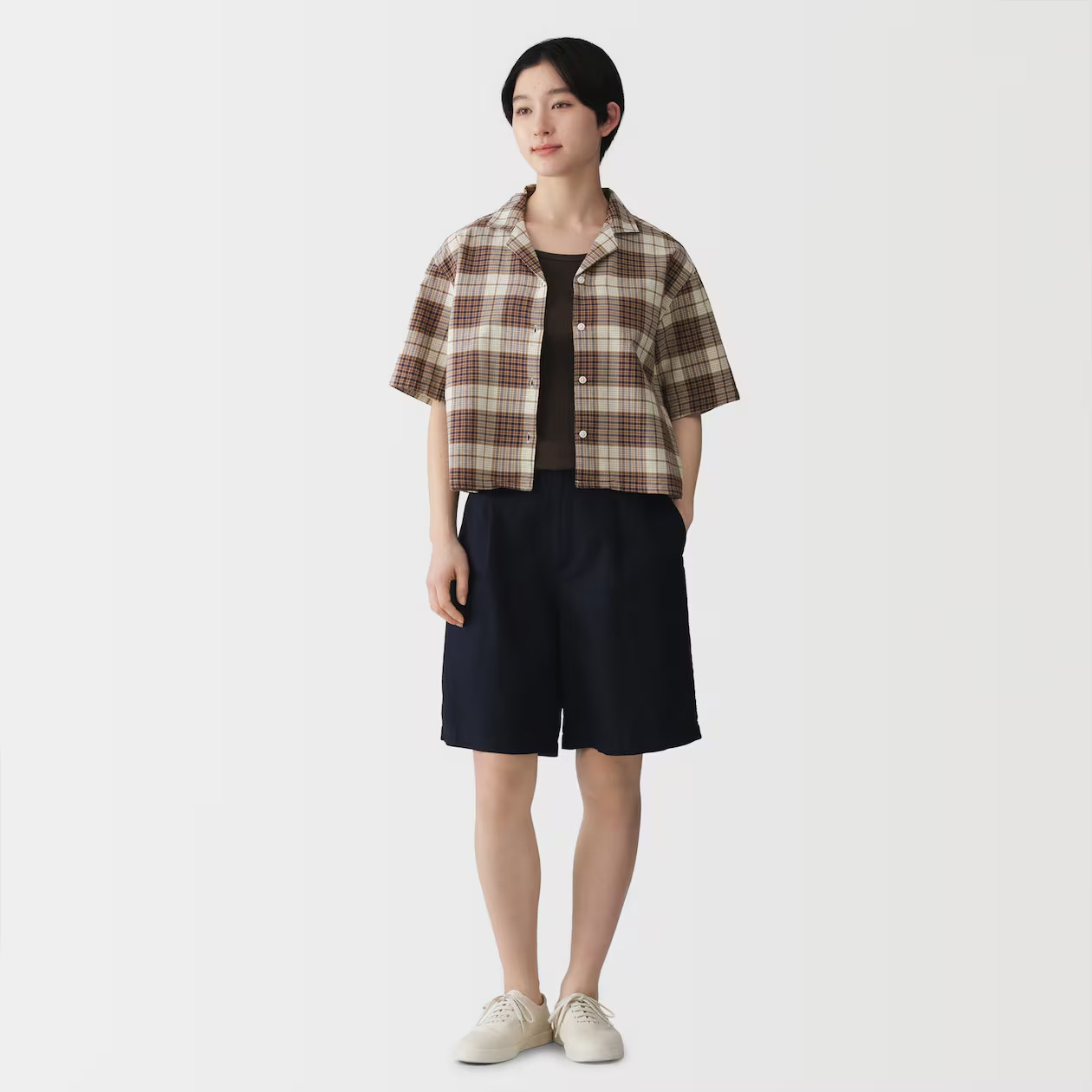 MUJI Womens 100% Organic Cotton Madras Check Cropped Shirt Beige FedEx