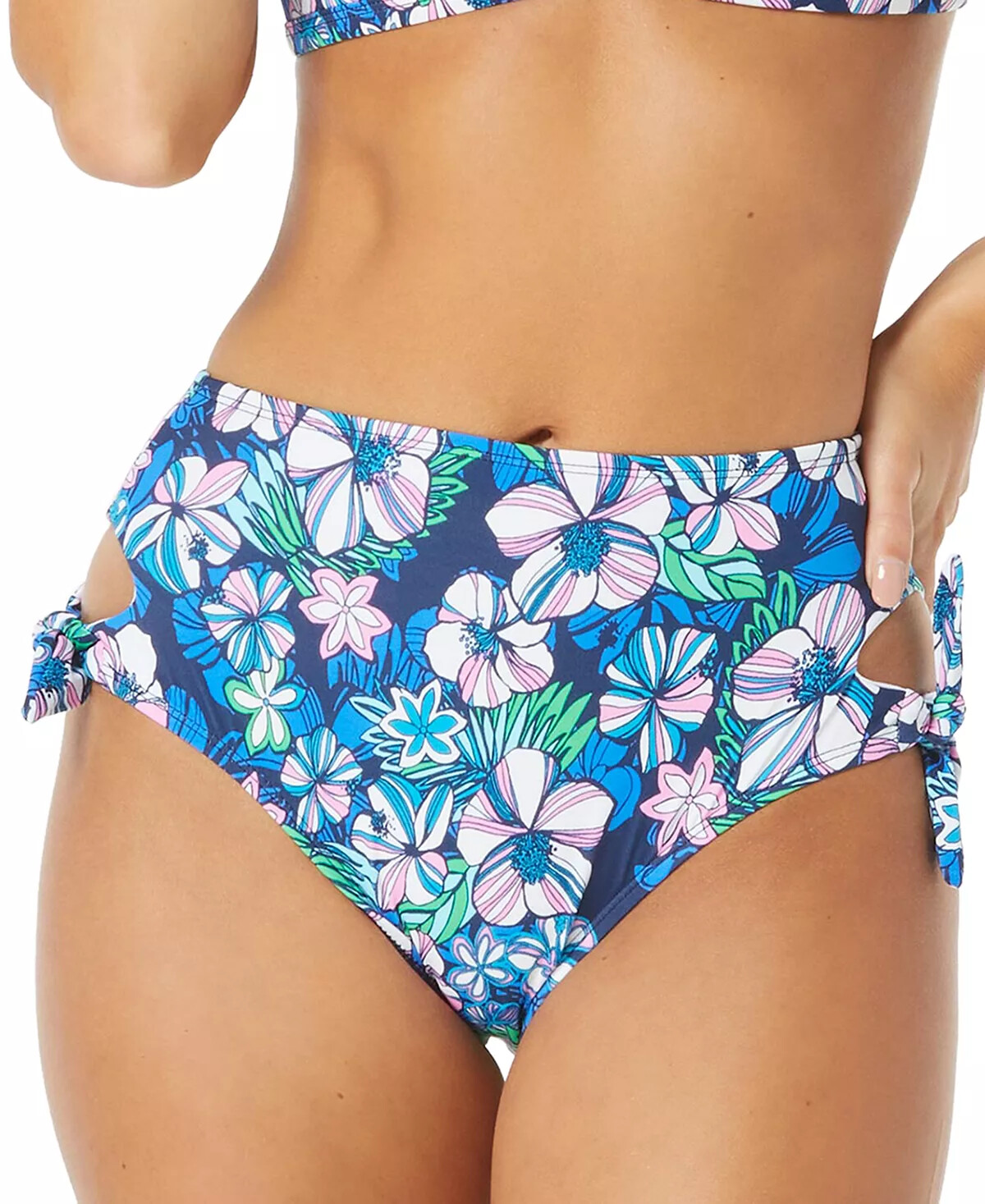 Sundazed Tatum Blue Floral-Print Tie Side High-Waist Bottoms Size Medium