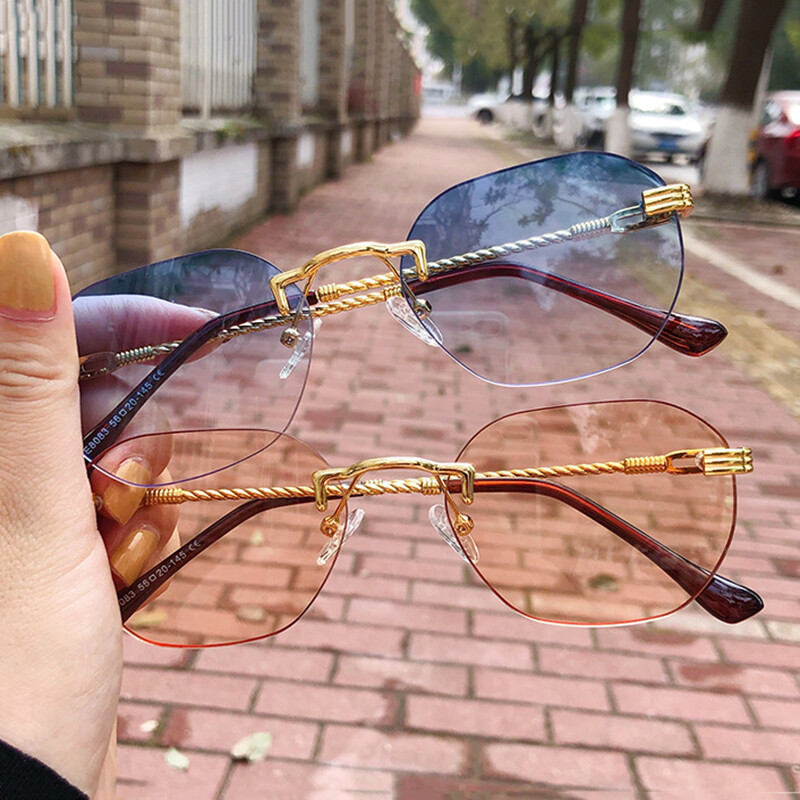 Rectangle Rimless Sunglasses Women 80s Retro Square Vintage Trendy Small Glasses