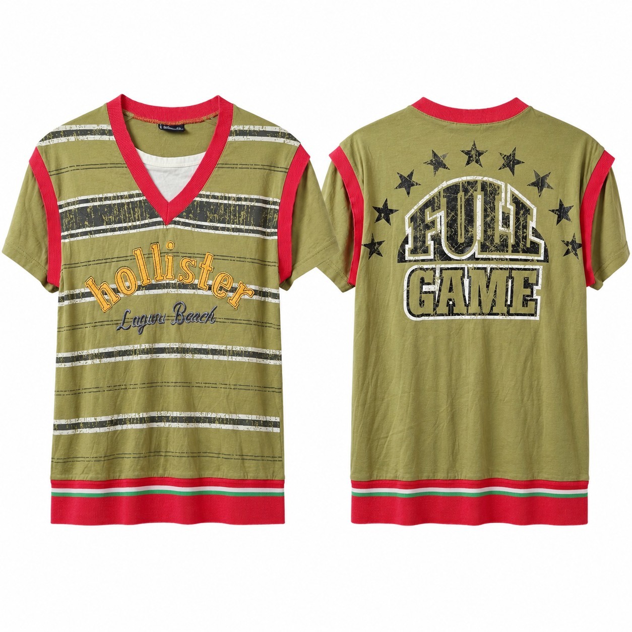 HOLLISTER Laguna Beach “Full Game” Tee Sz M Green Stripe So Cal Surf 90s Y2K GUC