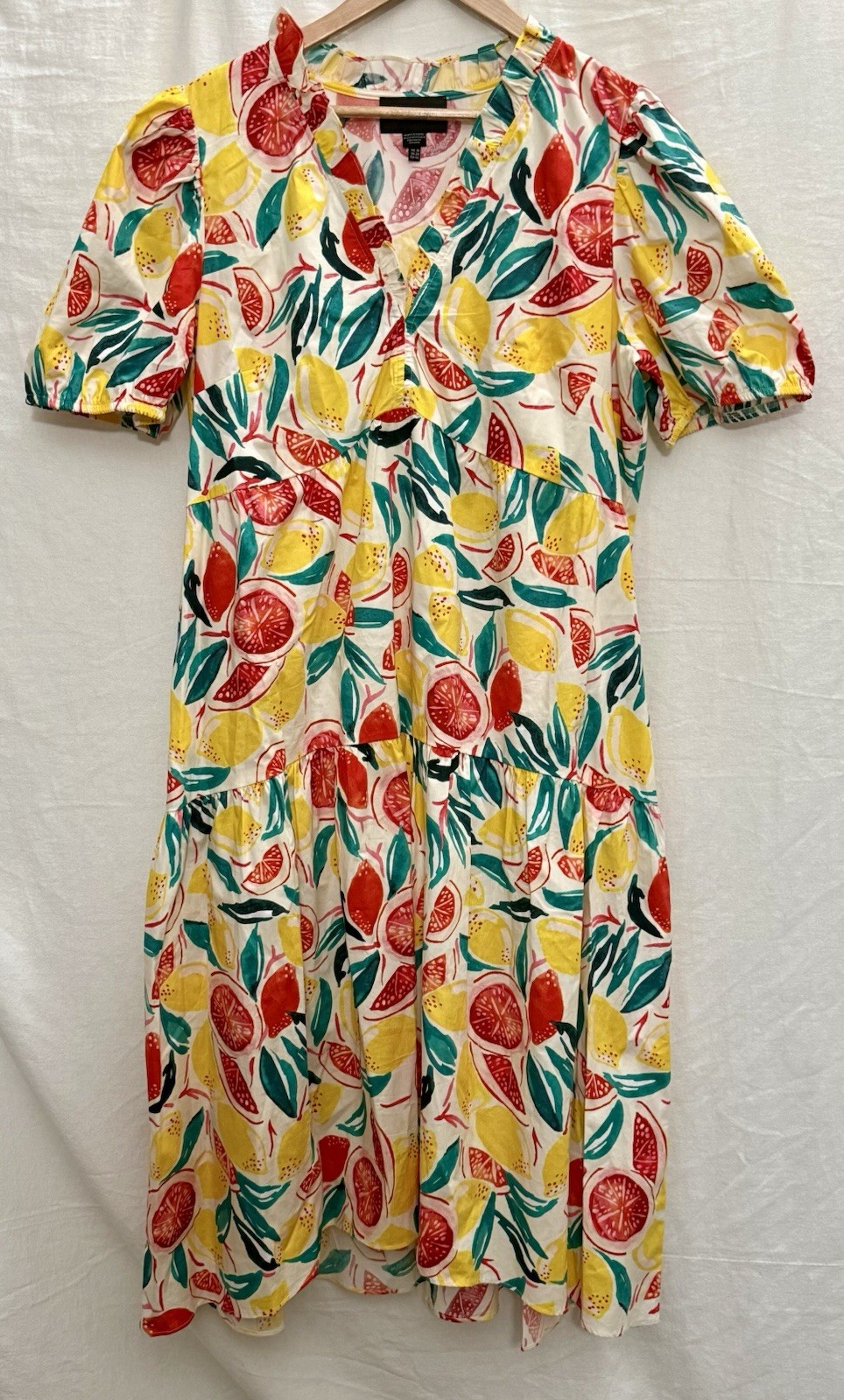 EUC Donna Morgan Citrus Print Midi Dress 16 Lemon Fruit Tiered Cottagecore