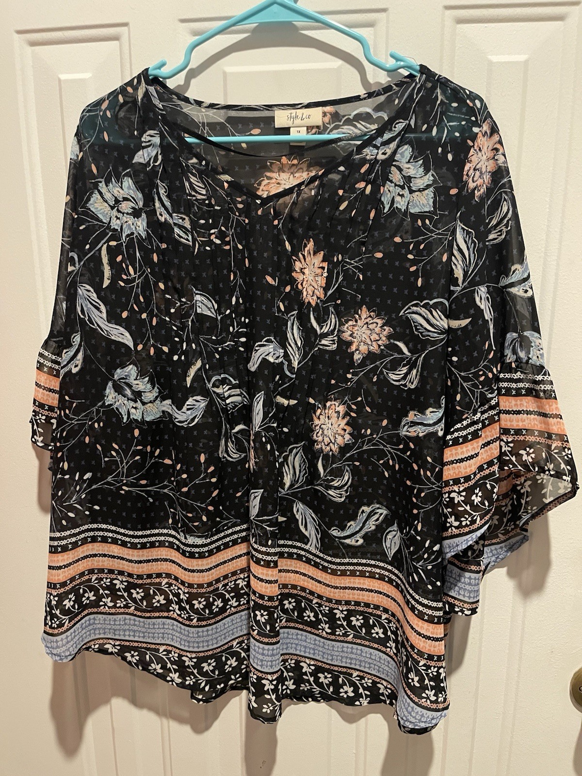 Style & Co. Plus Size Boho Floral Batwing Sheer Blouse 1X Lightly Worn