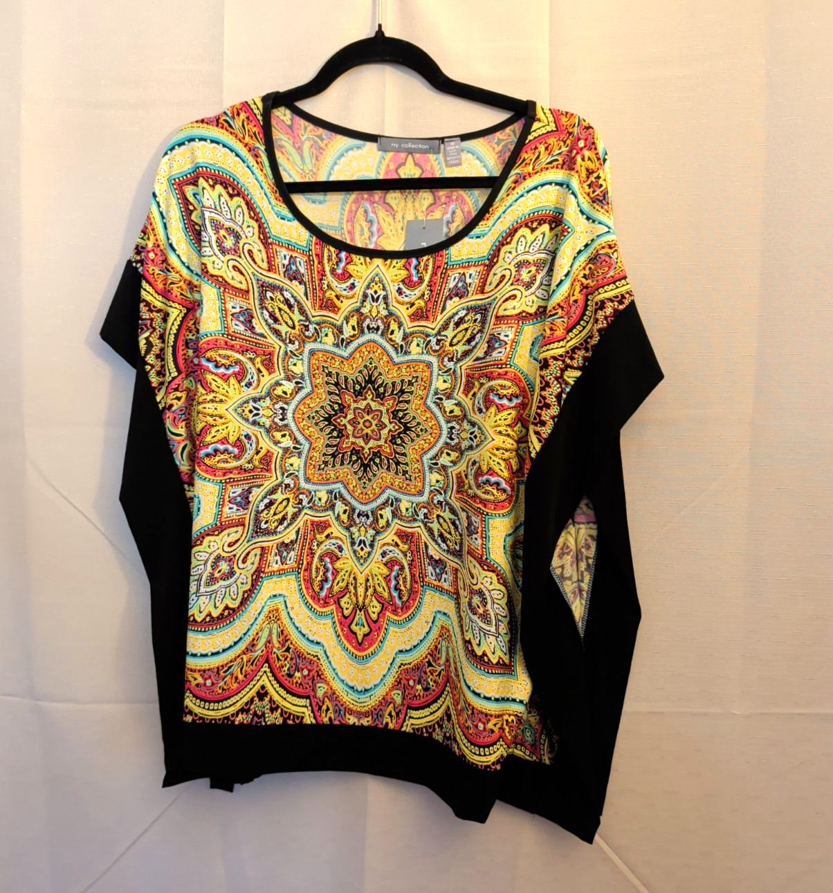 Ny Collection Women’s Sizer M Batwing Sleeves Black Brown Paisley Silky Blouse