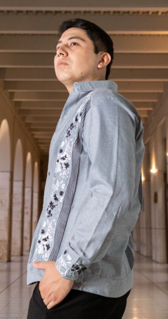 Mexican Wedding Guayabera Gray Fabric Long Sleeve Gray Silver Black Embroidery