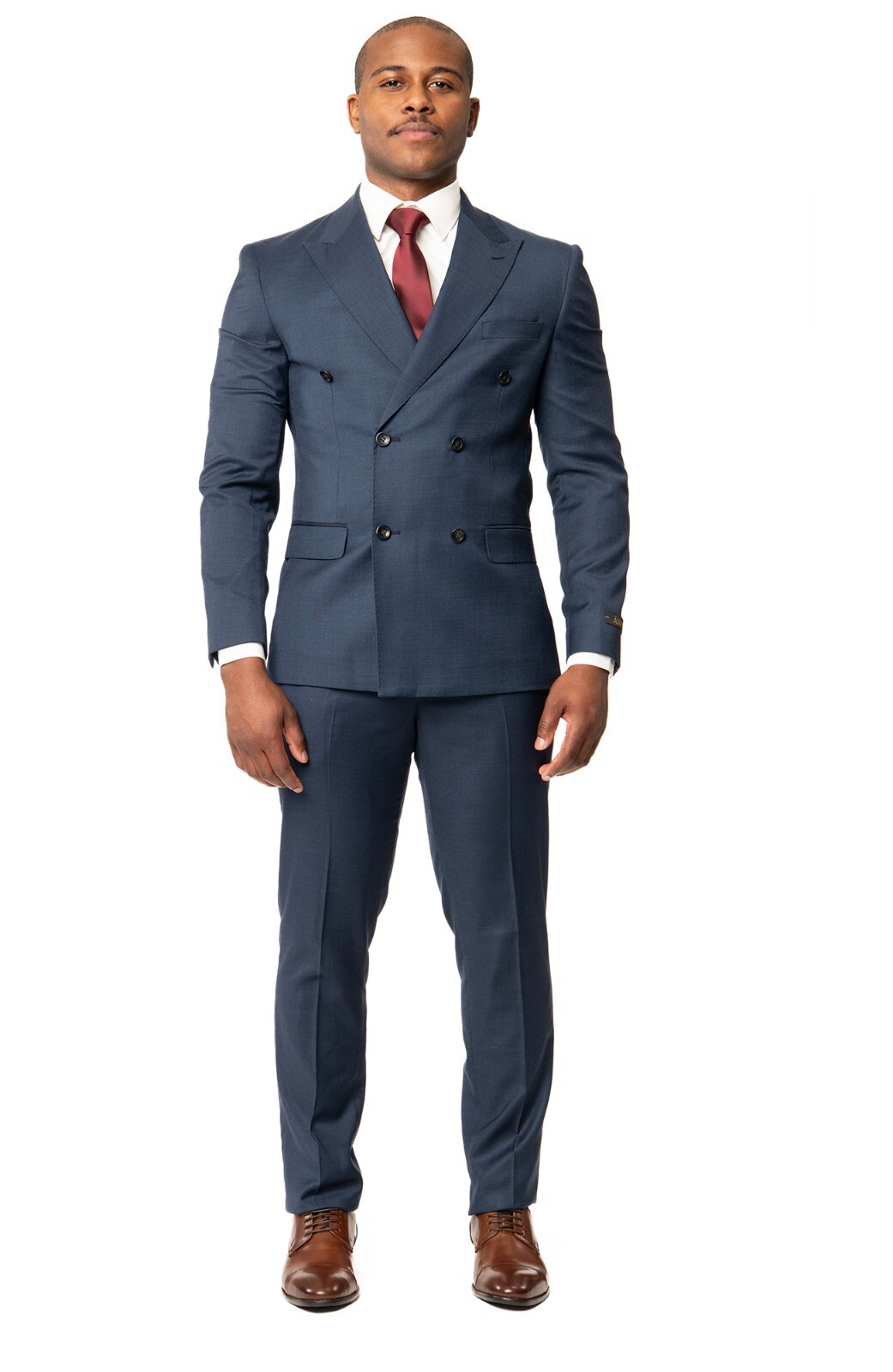 Slim Fit Double Breasted Solid Navy Blue Mens Suit 2 Button Peak Lapel AZAR MAN